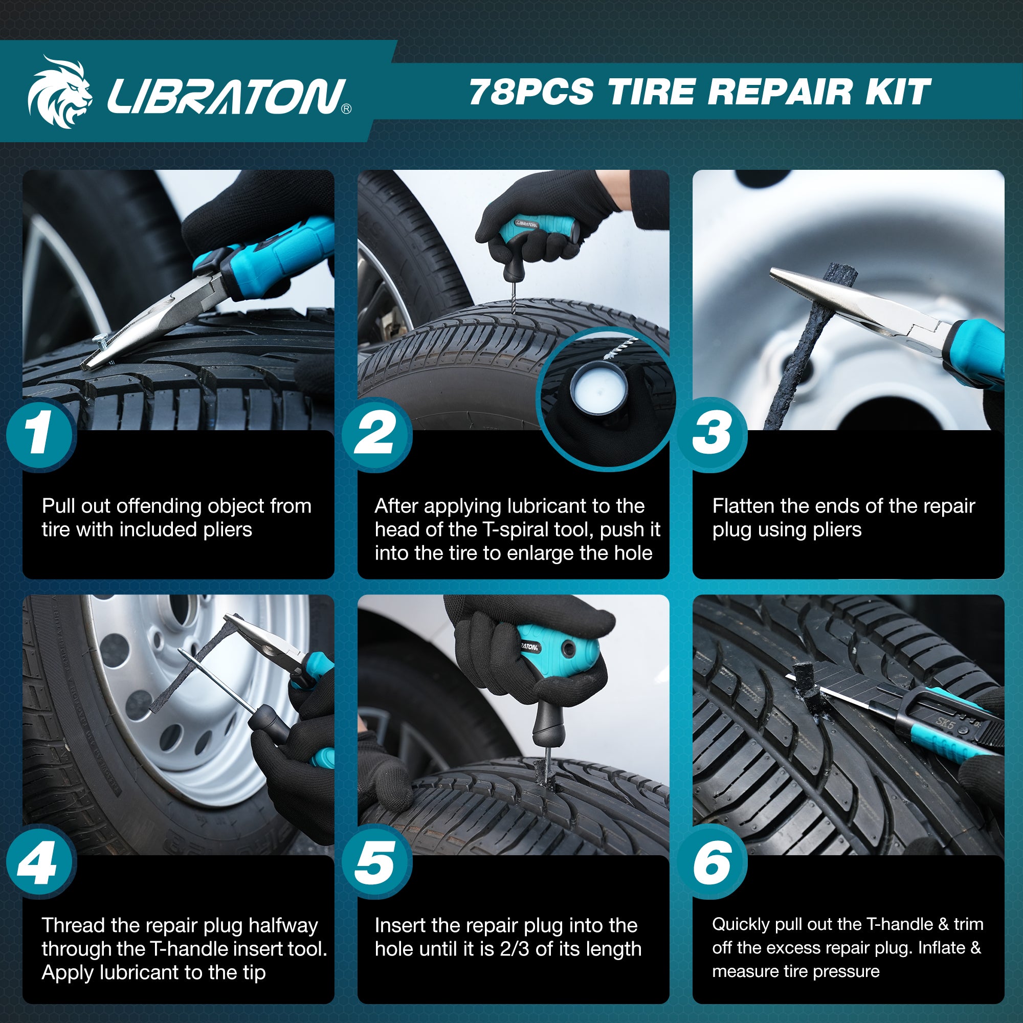 LIBRATON Tire Plug Kit, 78PCS Tire Repair Kit, Professional Tire Patch Kit