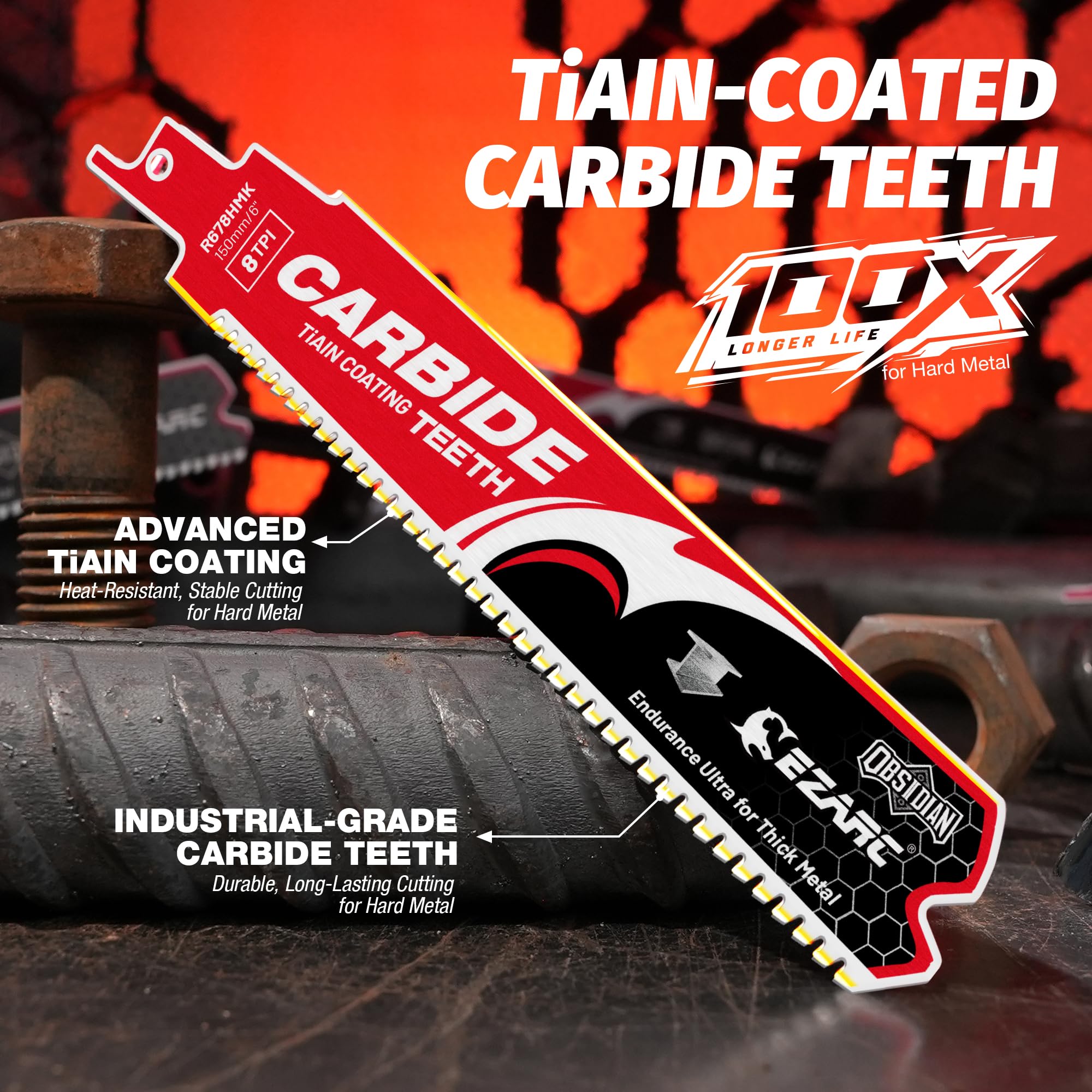 Thick Metal/Cast Iron Cutting – Obsidian Carbide, 6/9 in, 8/18 TPI Reciprocating Saw Blade
