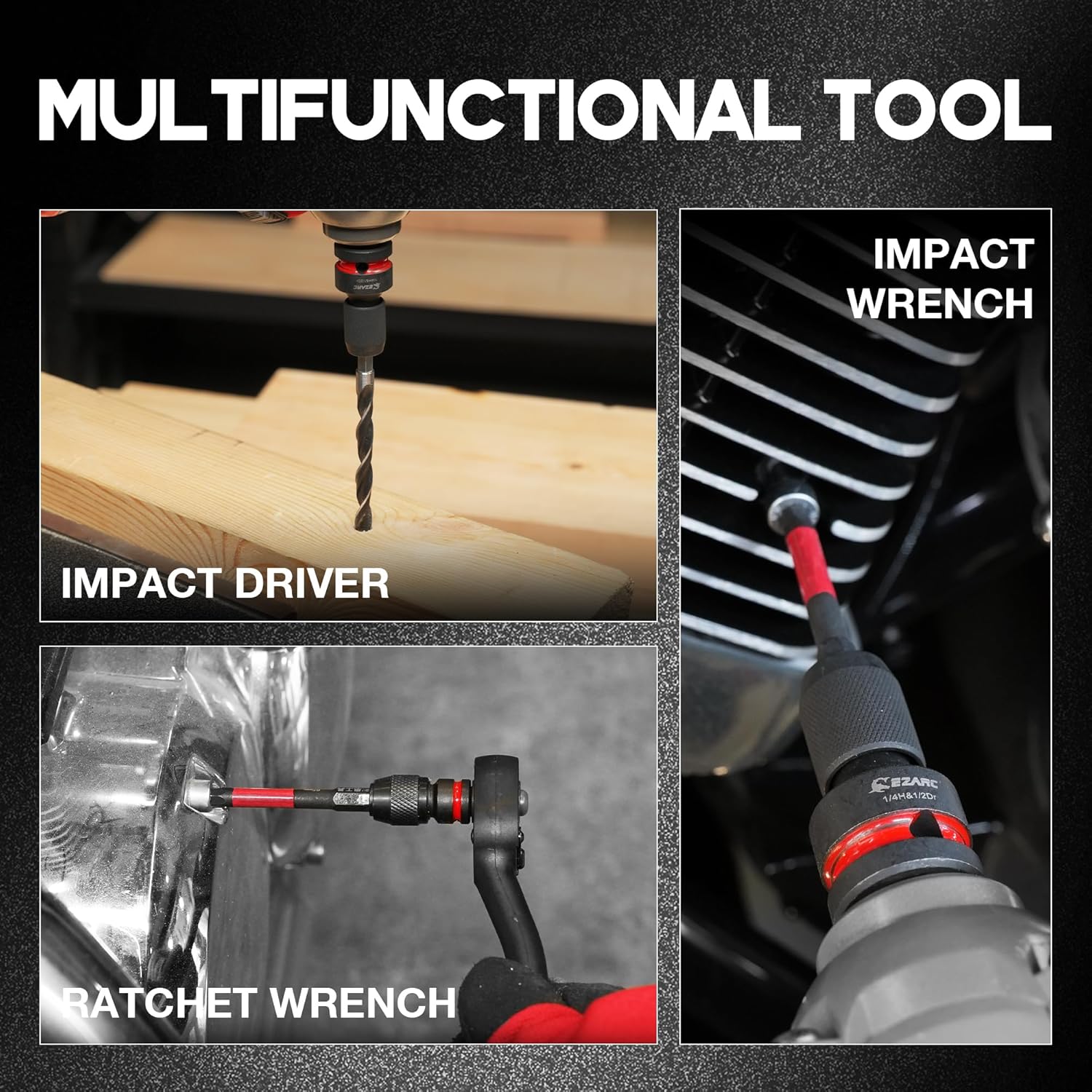 EZARC 4-Piece Impact Socket to 1/4″ Hex Adapter Set (1/2″, 3/8″, 1/4″)