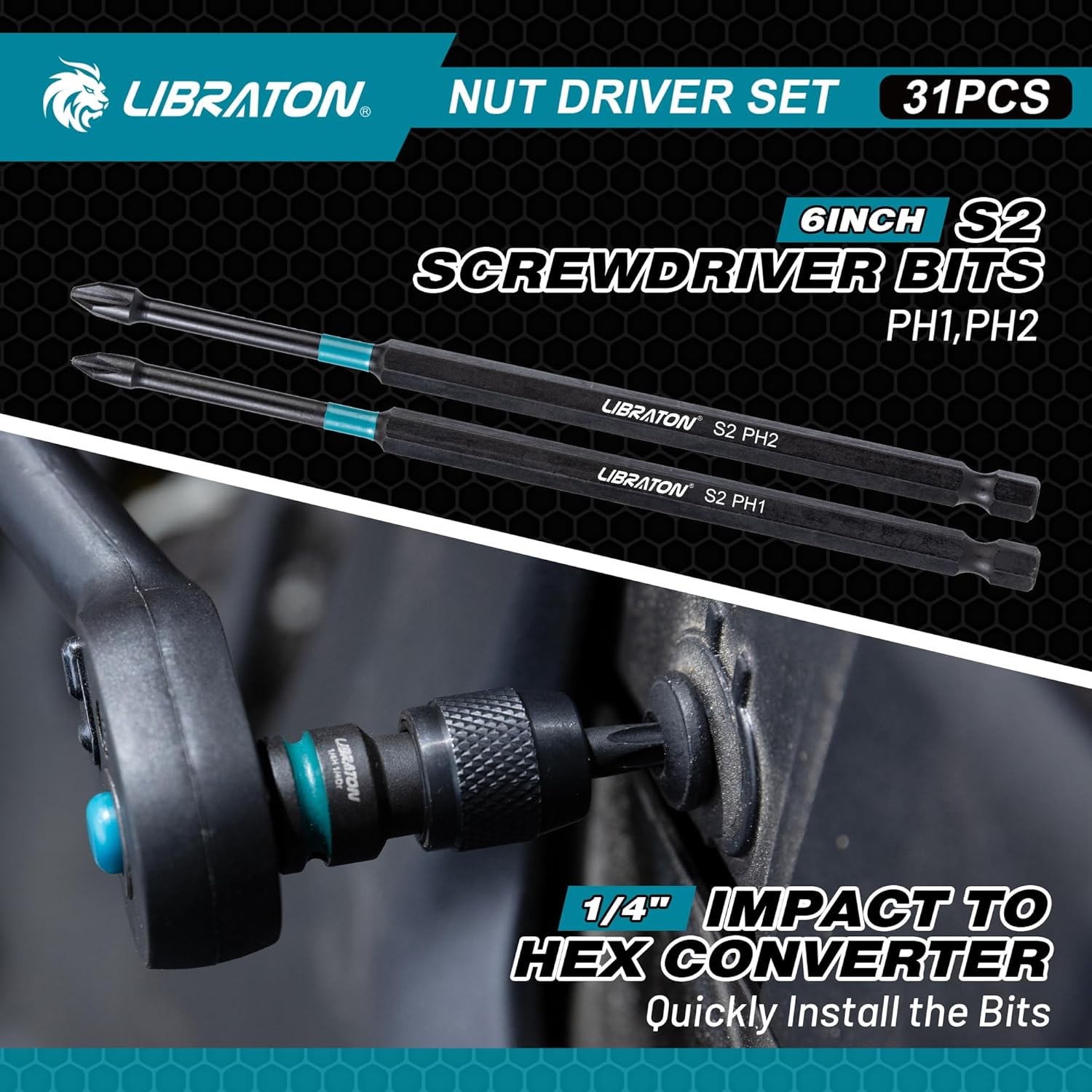 LIBRATON 31PCS Nut Driver Set – Magnetic, Long, Metric & SAE