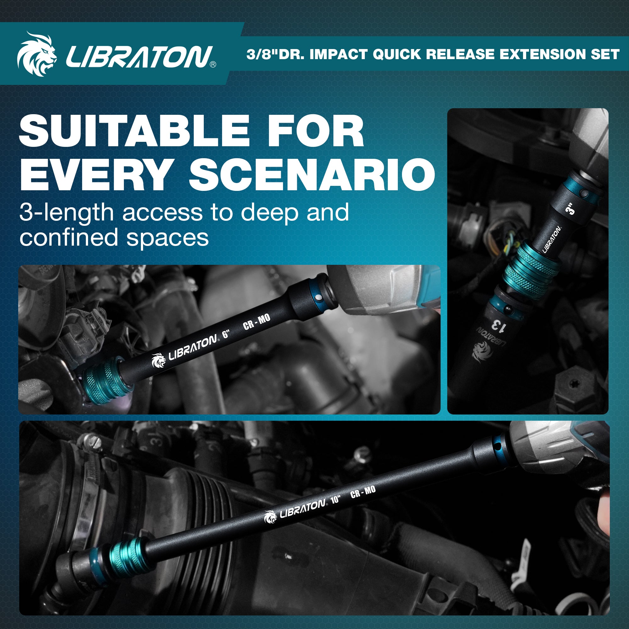LIBRATON 3/8" Drive Locking Impact Extension Bar Set | 3-Piece Quick Release Socket Extensions