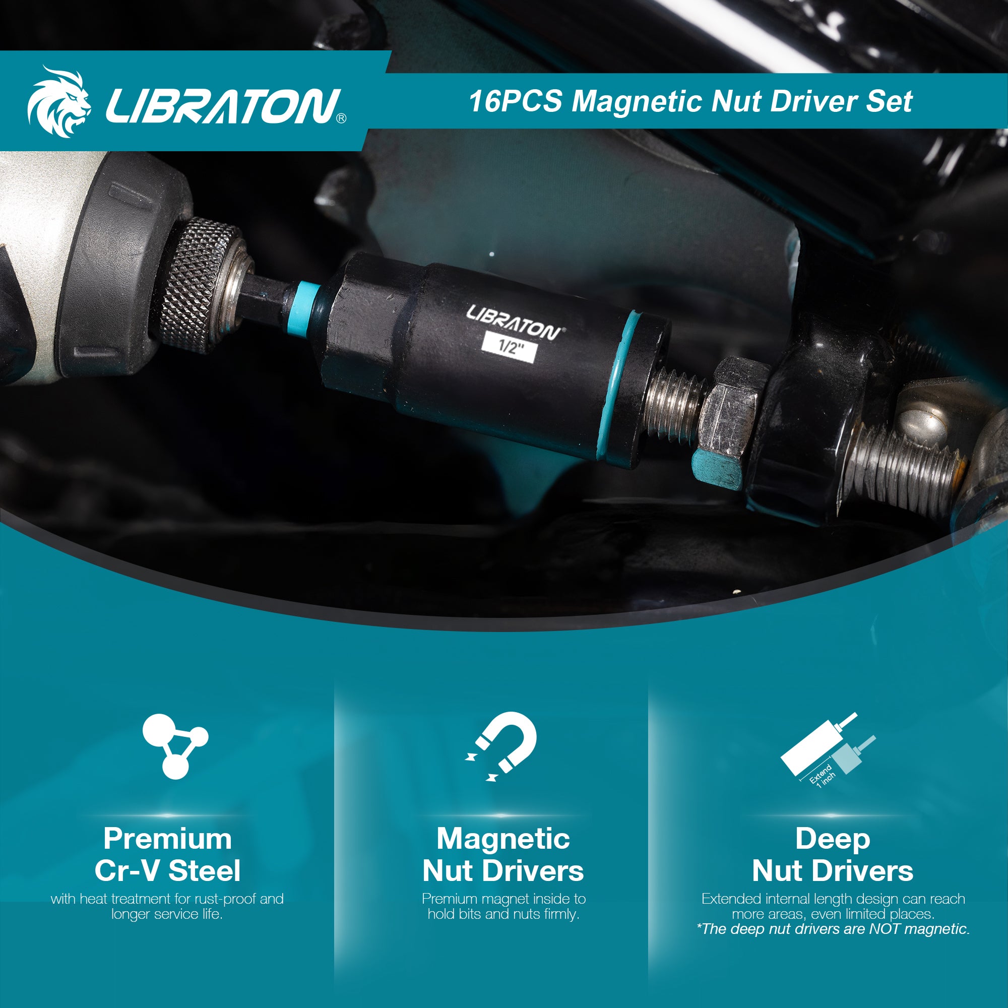 LIBRATON 16-Piece Magnetic Nut Driver Set, 1/4"-9/16" SAE&Metric, Car Repair Kit