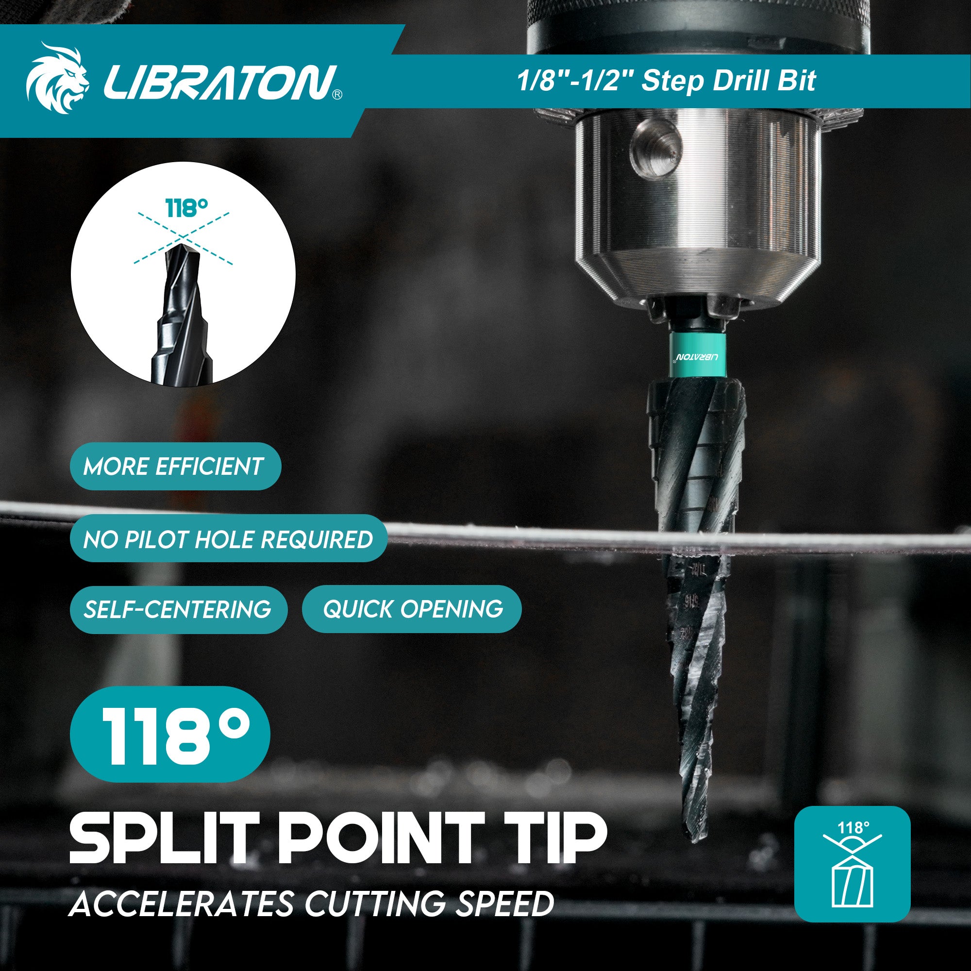 Libraton M35 Broca escalonada de cobalto de 1/8"-1/2", Unibit de cuatro estrías en espiral