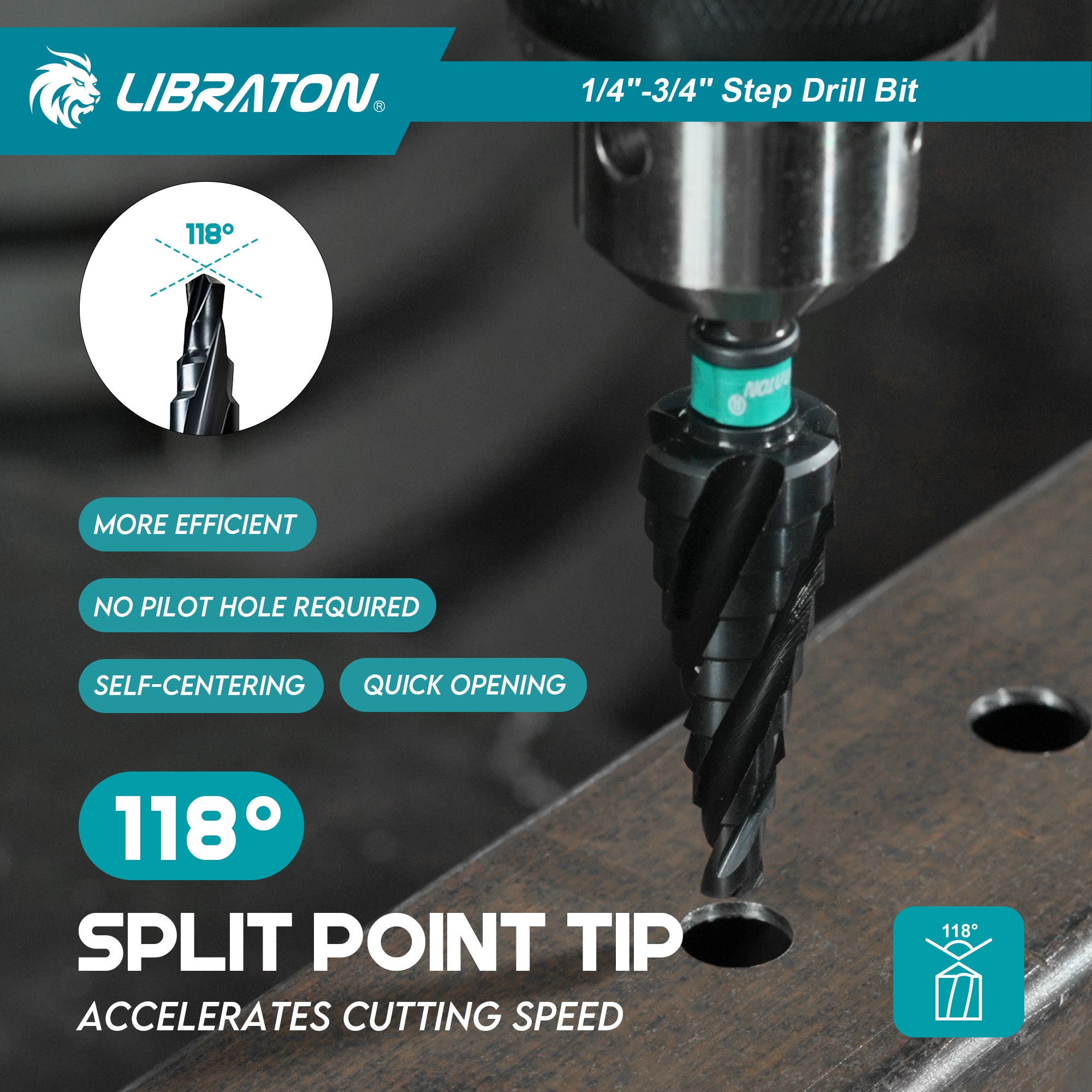 Libraton M35 Broca escalonada de cobalto de 1/4"-3/4", Unibit de cuatro flautas en espiral