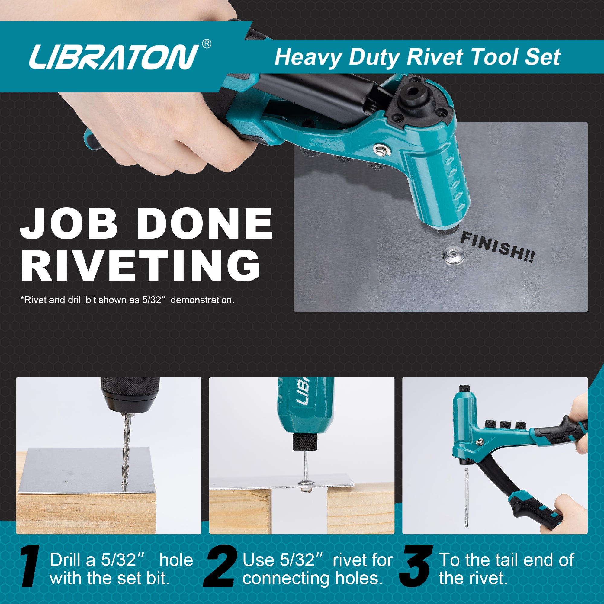Libraton One-Handed Rivet Gun, Pop Rivet Gun Set, Professional Hand Riveter, Manual Riveting Tool with 200 Rivets for Metal, Includes 4 Drill Bits, 4 Tool-Free Interchangeable Heads, Storage Case