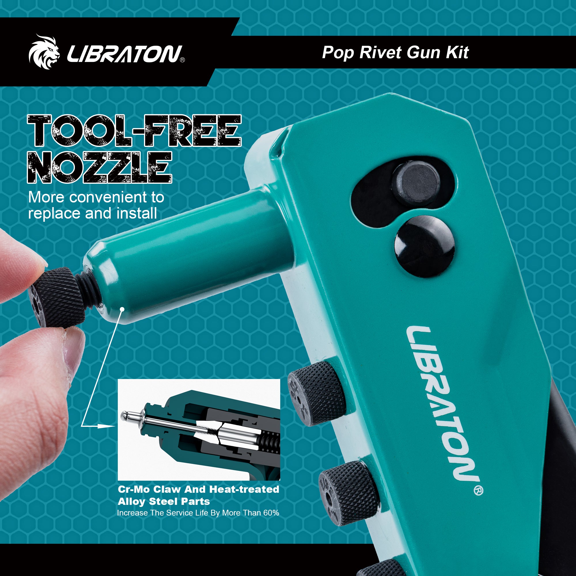 LIBRATON Rivet Gun Set, Pop Rivet Gun, Heavy Duty Rivet Tool, Professional Hand Riveter, Manual Riveting Tool with 120 Blind Rivets, 4 HSS Drill Bits, 4 Tool-free Interchangeable Heads