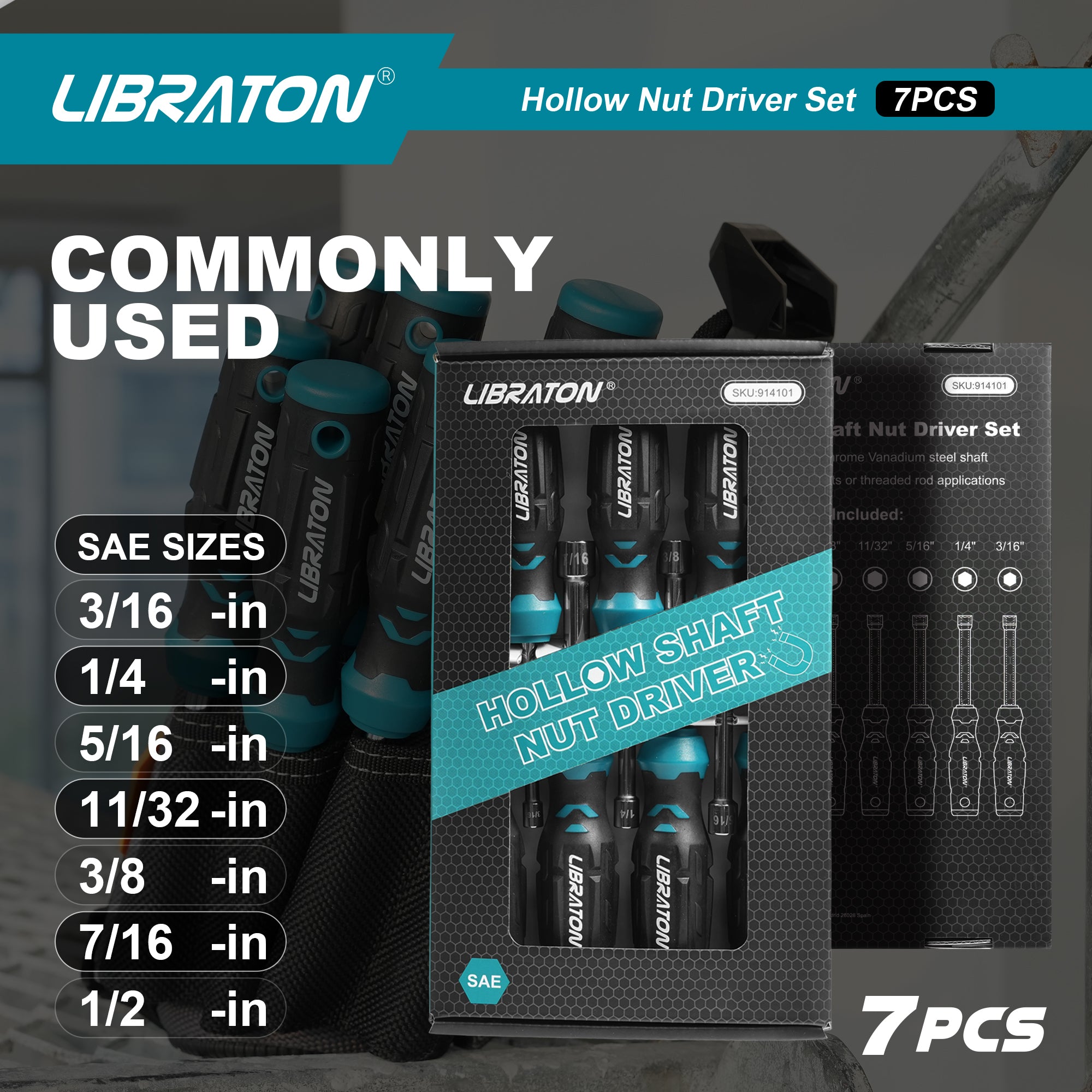 Libraton 7-Piece SAE Hollow Nut Driver Set – 3" Full-Hollow, Magnetic, 3/16"–1/2"
