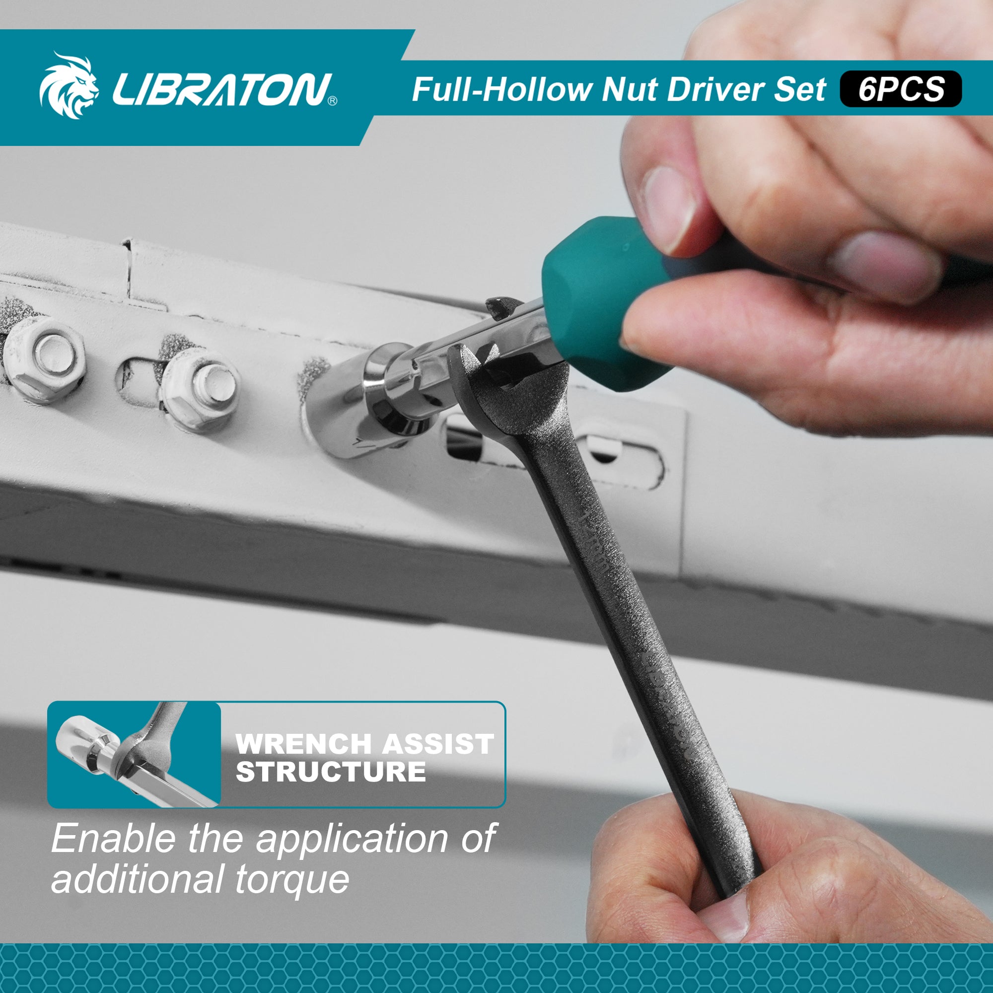 LIBRATON 6-Pc SAE Full-Hollow Nut Drivers – 12-Point Magnetic, 1/4" to 1/2" (6 Sizes), Long-Bolt Ready