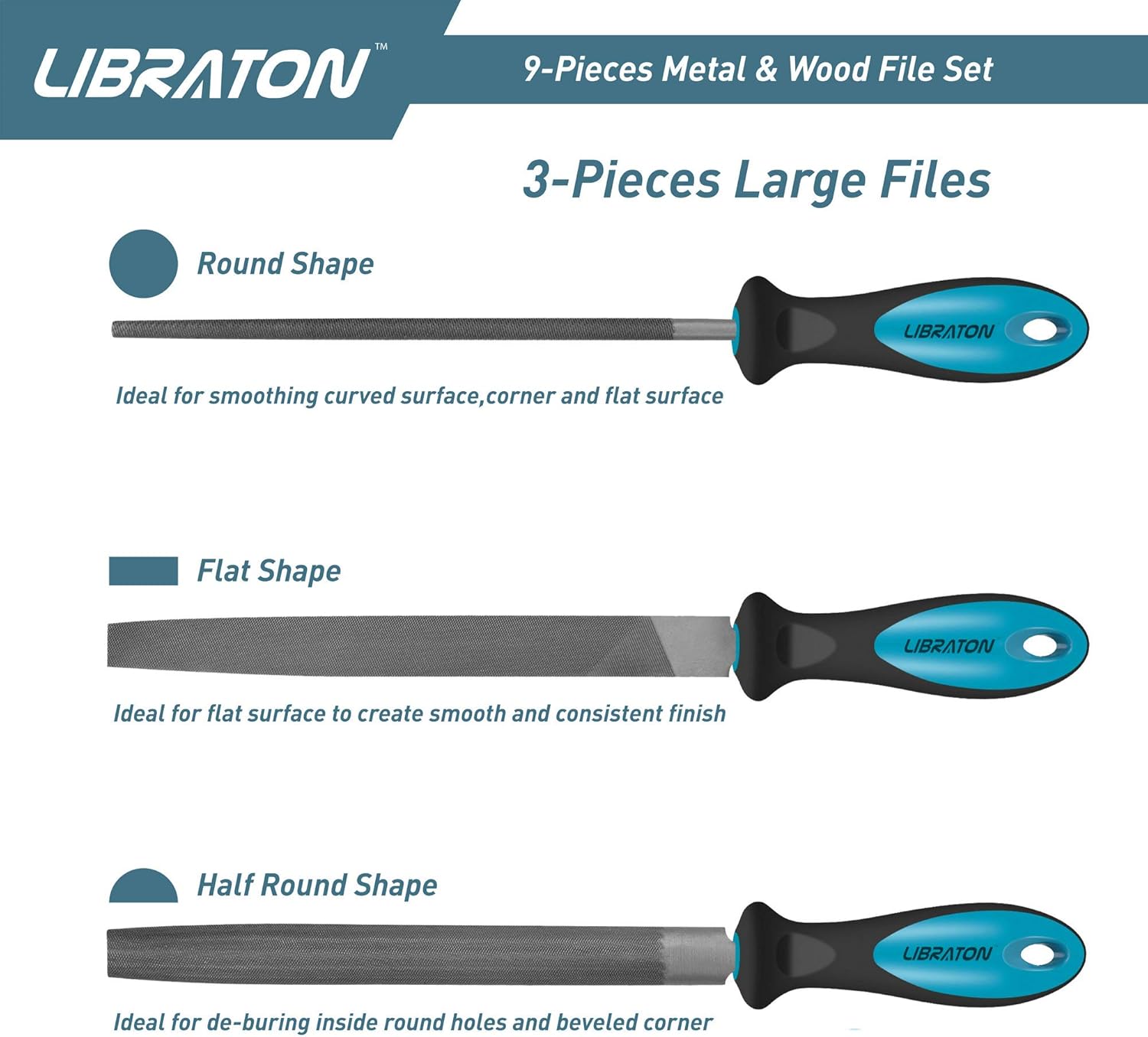 LIBRATON Limas de metal - Juego de 9 piezas, limas de aguja, planas, redondas, semirredondas para metal y madera