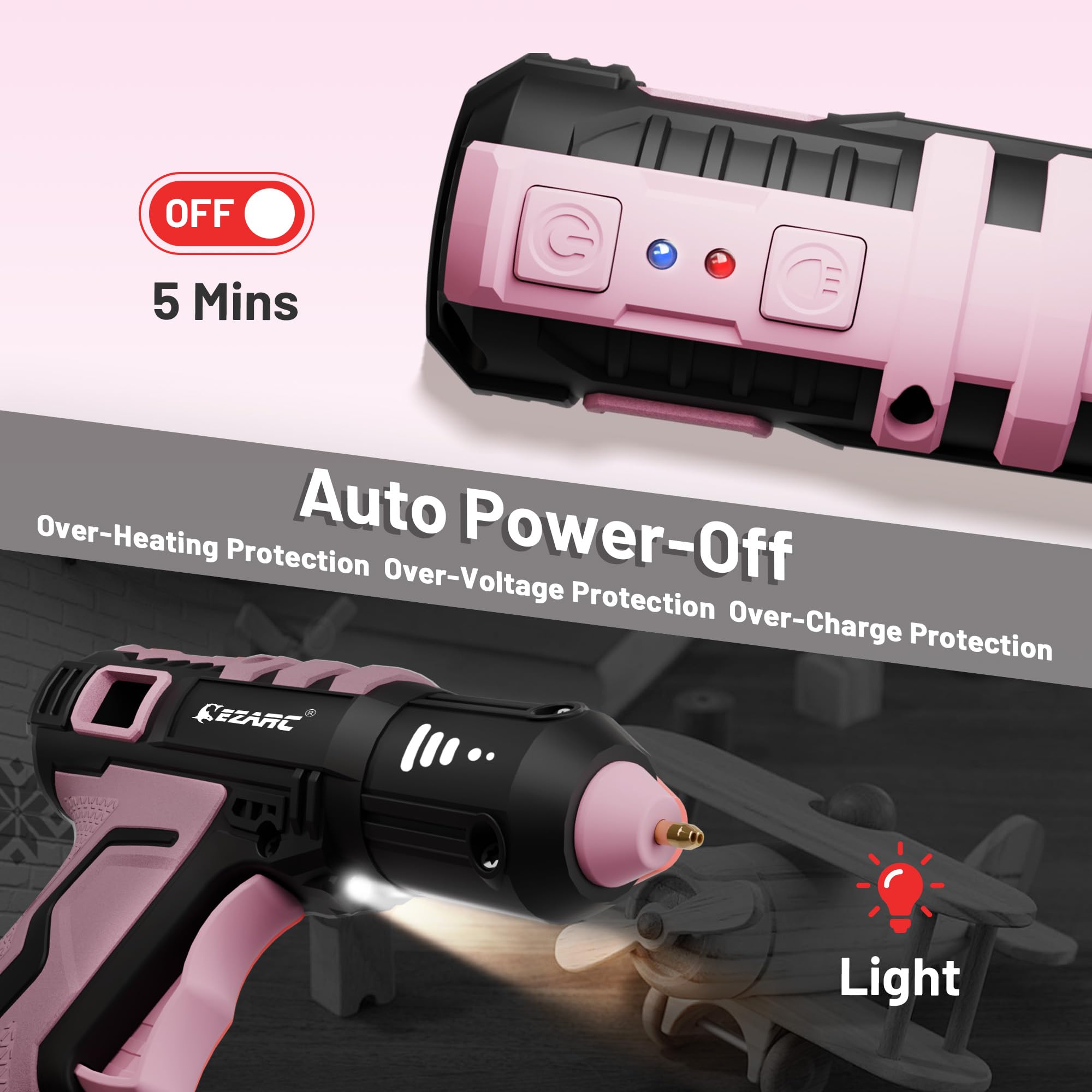 EZARC Pink Cordless Hot Glue Gun, 15s Fast Heating 12V Mini Glue Gun for DIY Crafts, Home Repairs with 50 Mini Glue Sticks