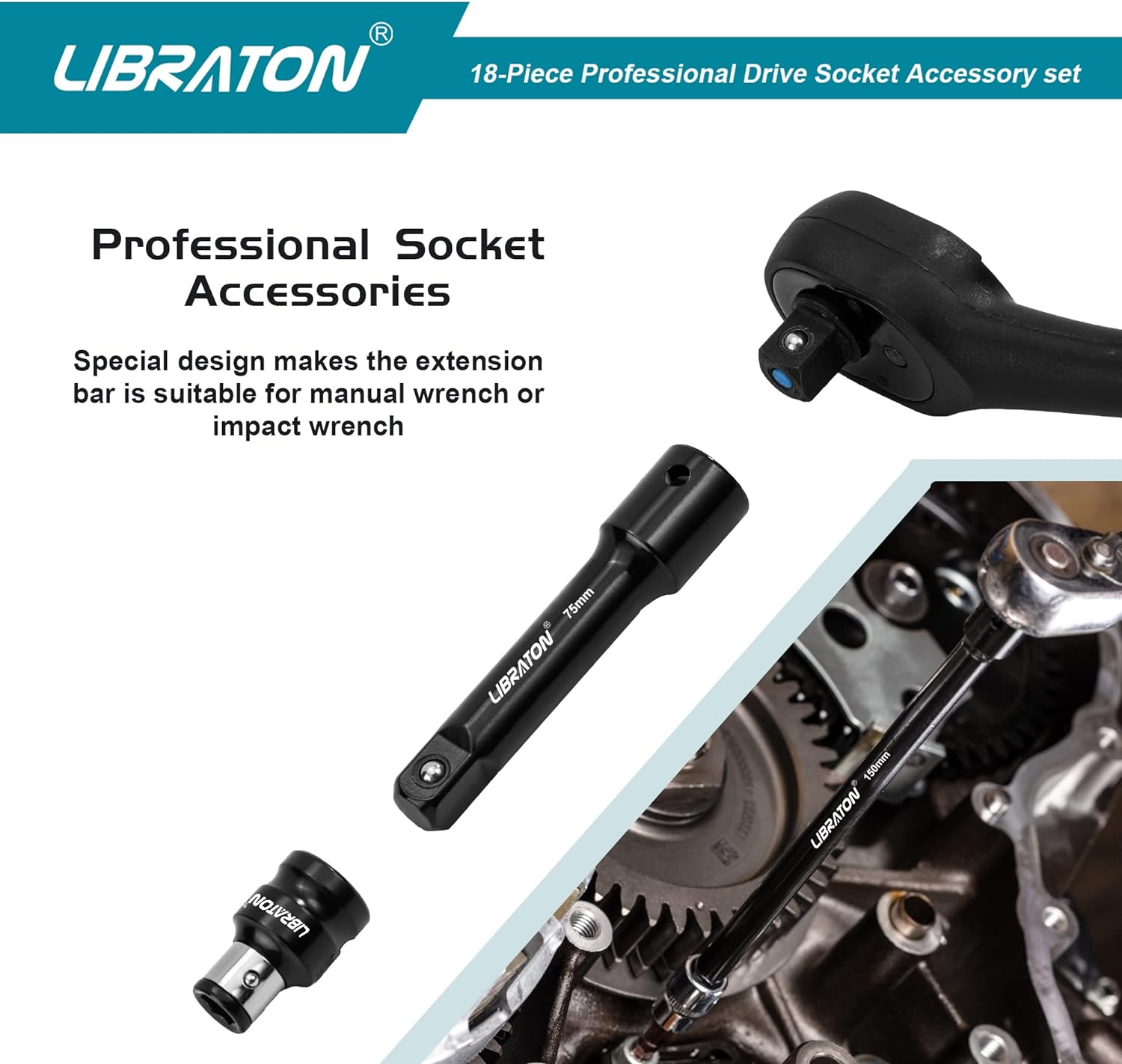 Libraton 18PCS Socket Extension and Ratchet Accessory Set, 1/4" 3/8" 1/2"
