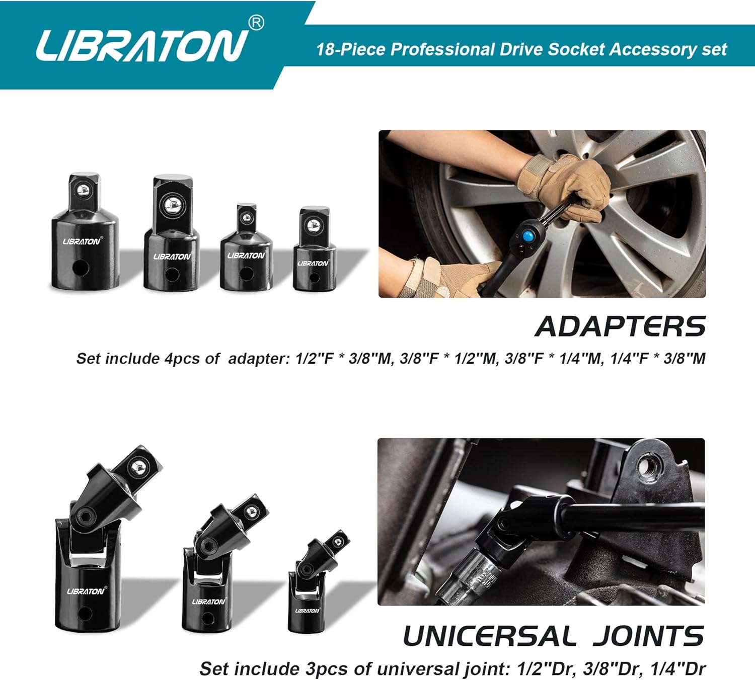 Libraton 18PCS Socket Extension and Ratchet Accessory Set, 1/4" 3/8" 1/2"