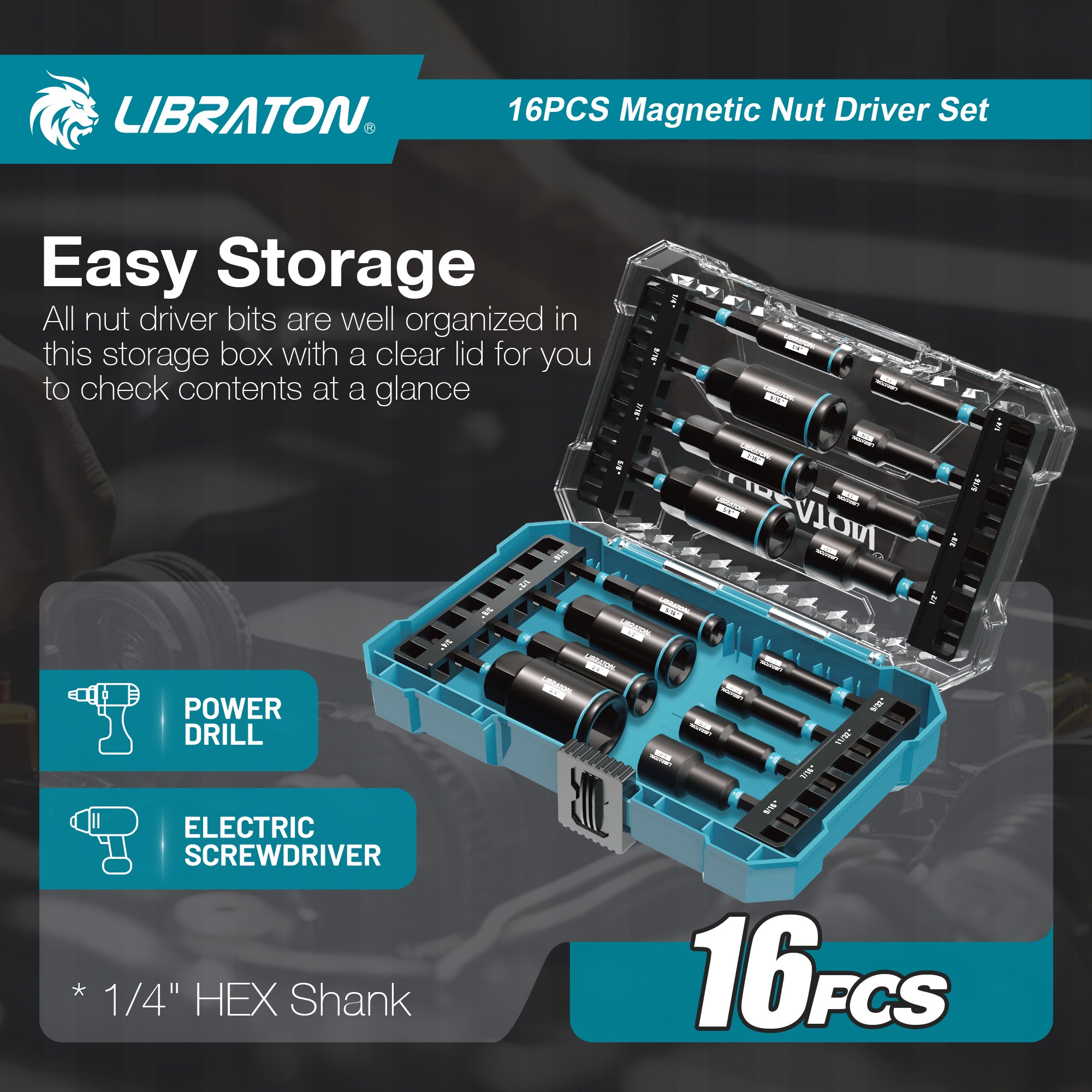 LIBRATON 16-Piece Magnetic Nut Driver Set, 1/4"-9/16" SAE&Metric, Car Repair Kit