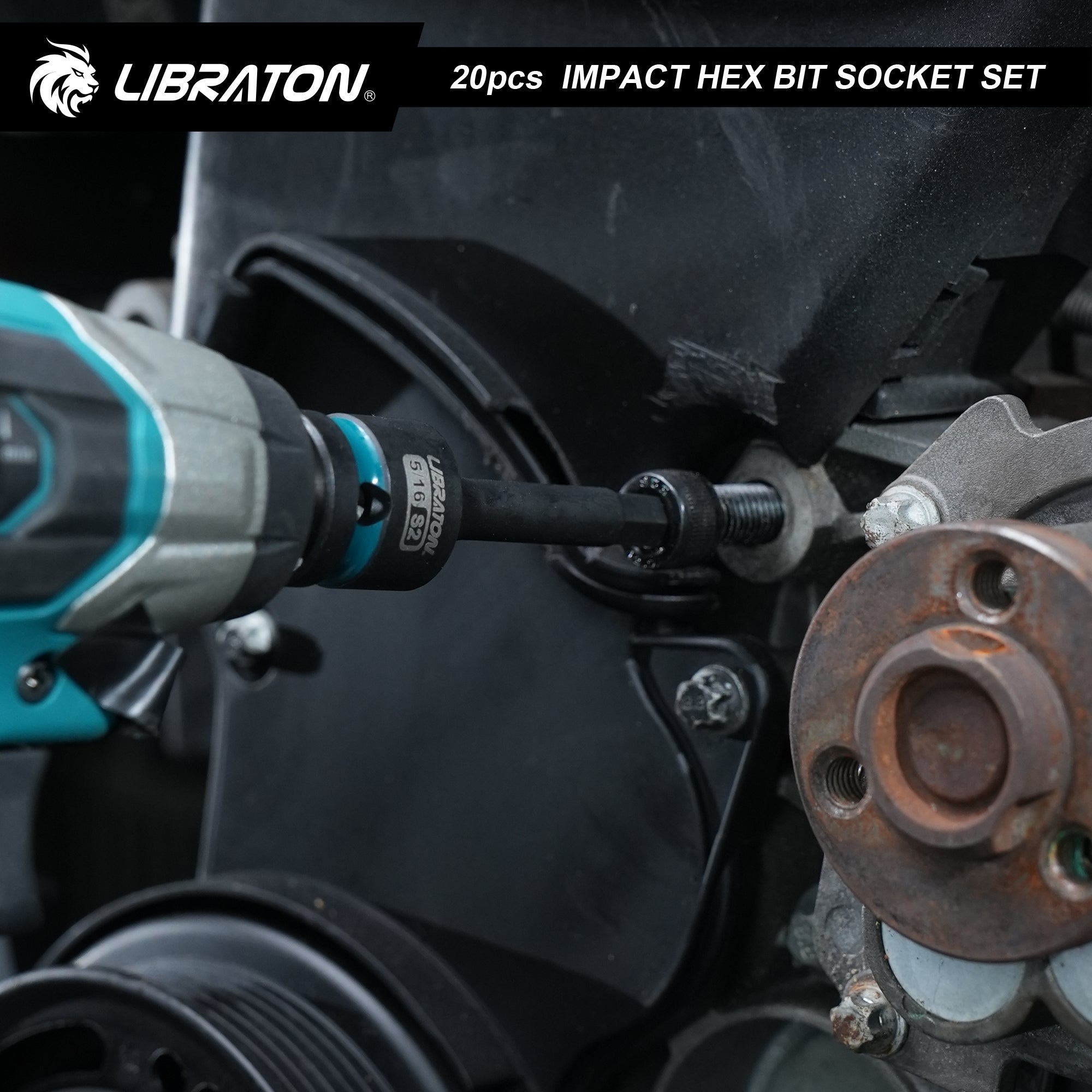 Libraton 20PCS 1/2" Drive Impact Hex Bit Socket Set, S2 Steel, Metric & SAE