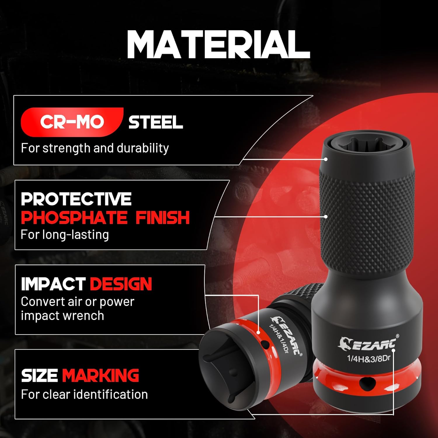 EZARC 4-Piece Impact Socket to 1/4″ Hex Adapter Set (1/2″, 3/8″, 1/4″)