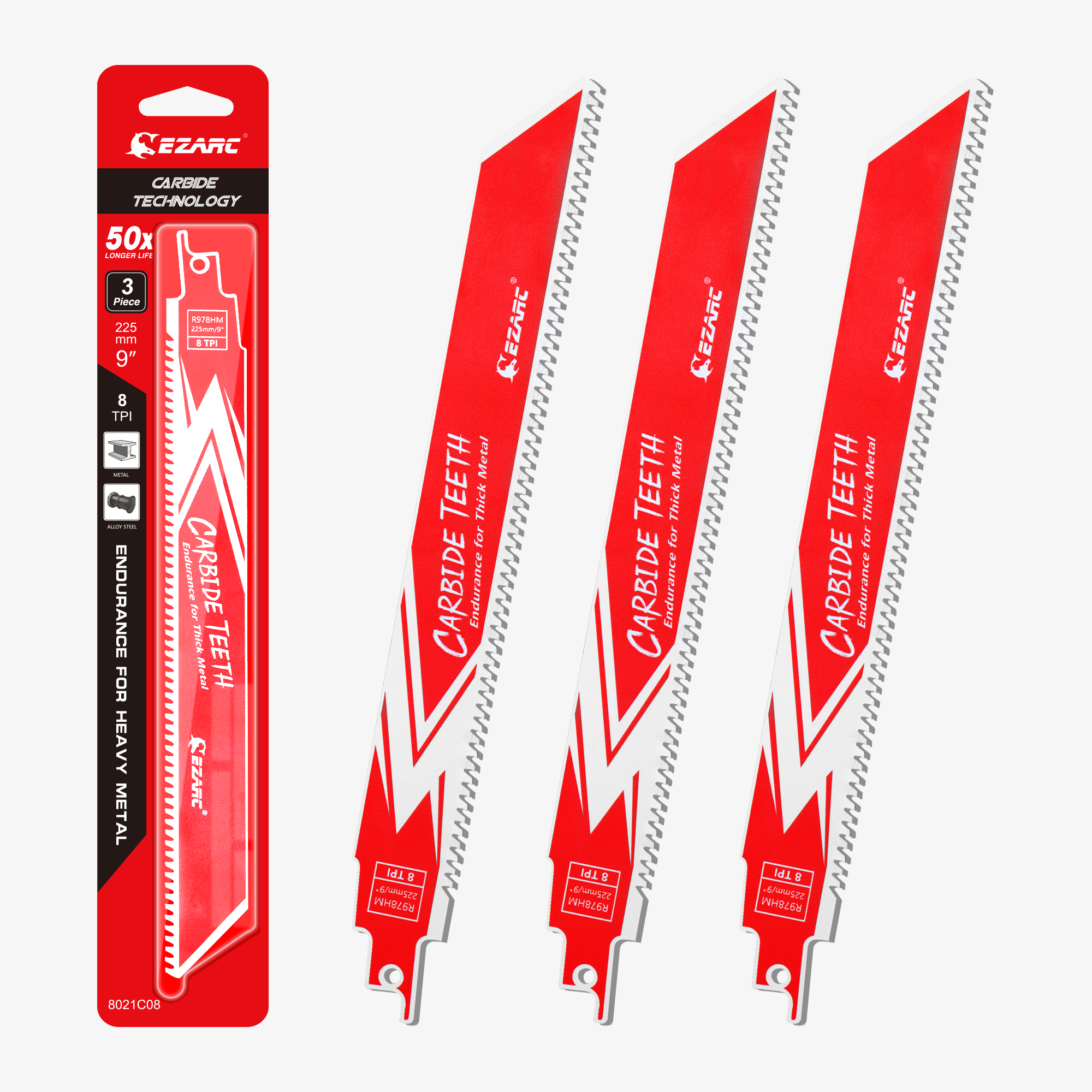 8TPI, 6/9 in. Carbide Reciprocating Saw Blade For Thick Metal/Cast Iron/Alloy Steel - EZARC Tools