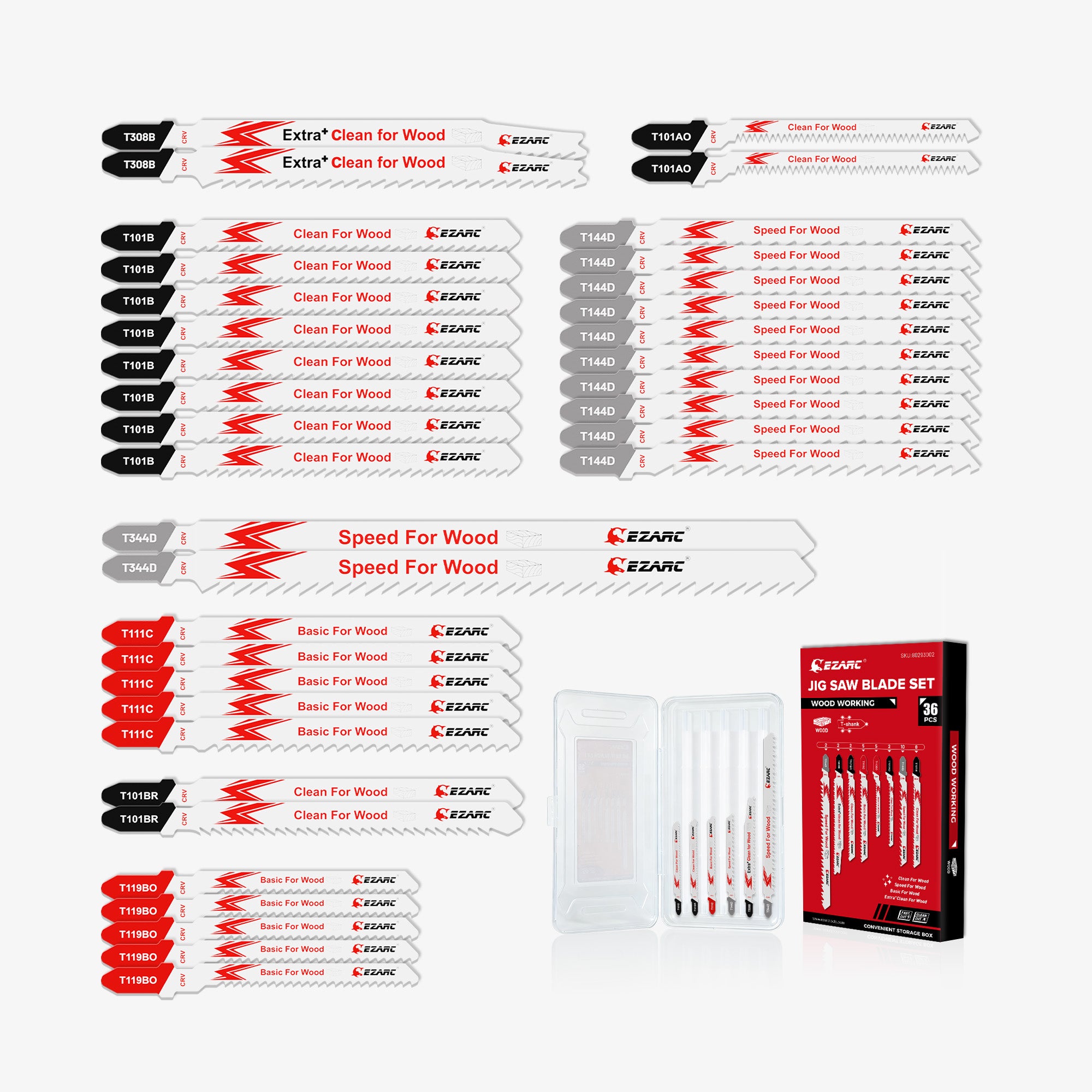 Wood Cutting – Clean/Fast/Curve Cuts, 36-Piece T-Shank Jigsaw Blade Set with Storage Case