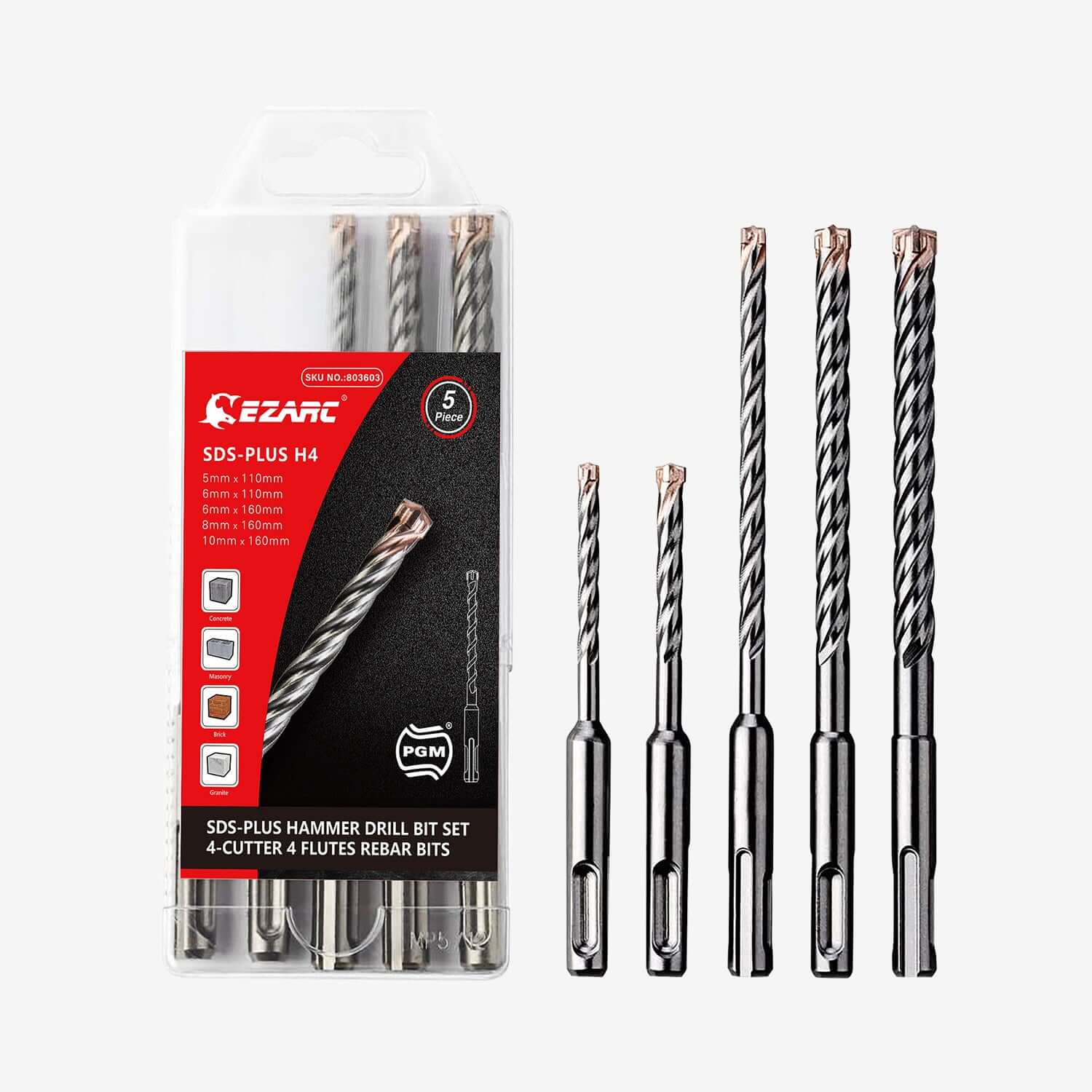 SDS-Plus Hammer Drill Bit for Reinforced Concrete/Masonry/Marble,4-Cutter Carbide Tips - EZARC Tools