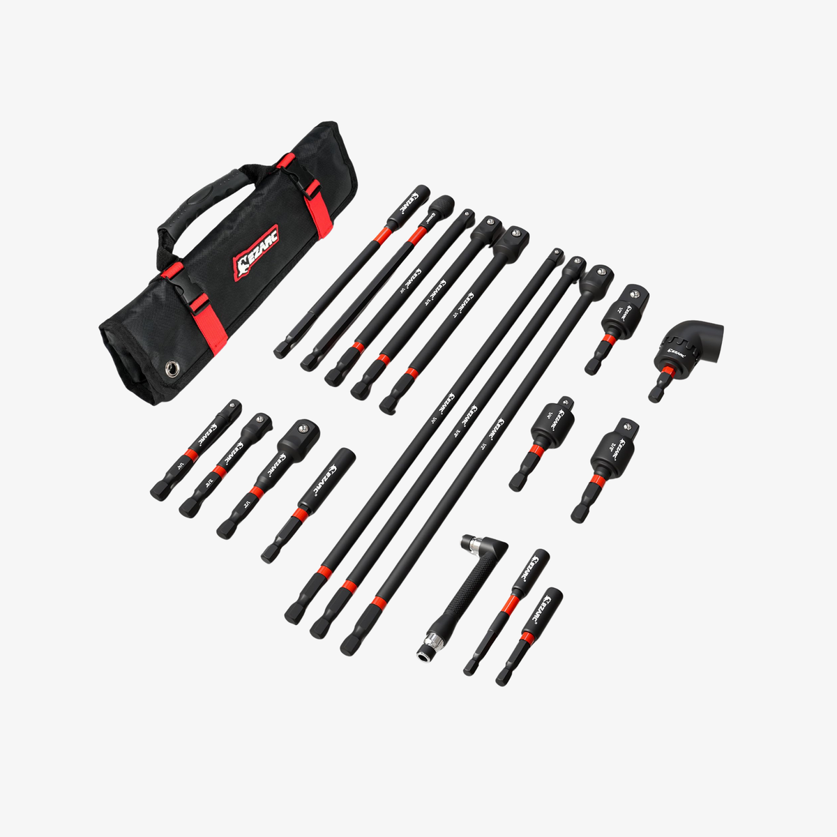 EZARC 19-Piece Impact Socket Adapter & Long Extension Set, 1/4" Hex Shank with 360° Swivel, 105° Right Angle & Oxford Roll Pouch