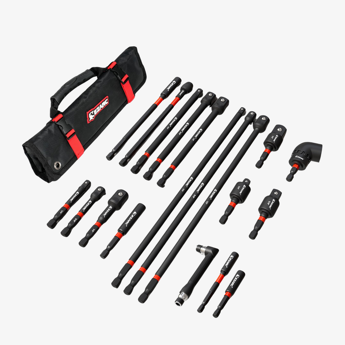 EZARC 19-Piece Impact Socket Adapter & Long Extension Set, 1/4" Hex Shank with 360° Swivel, 105° Right Angle & Oxford Roll Pouch
