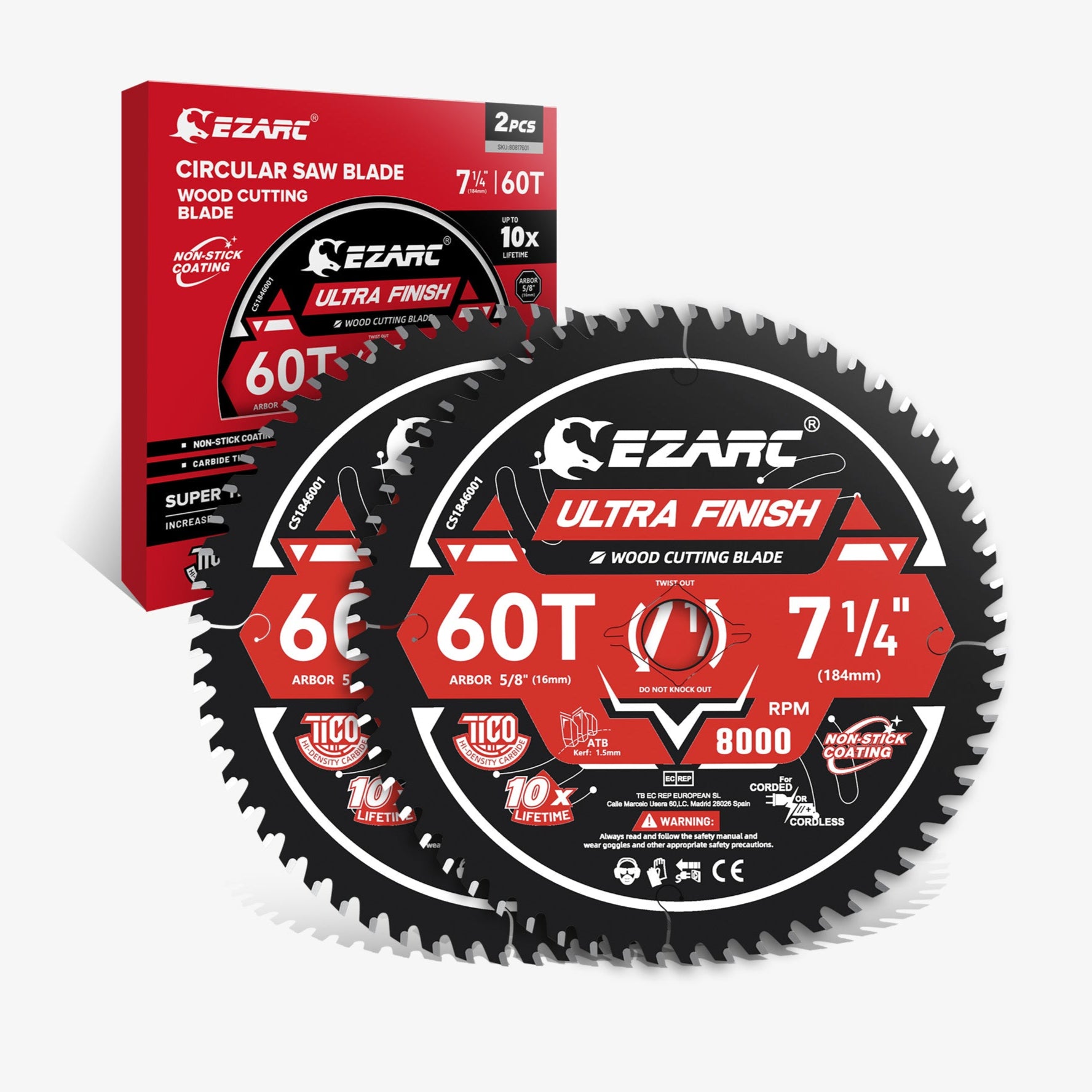 EZARC 7-1/4 Inch Circular Saw Blades Wood Cutting Blade, Ultra-Thin 1.5mm Kerf, Non-Stick Coating, 2 Pack