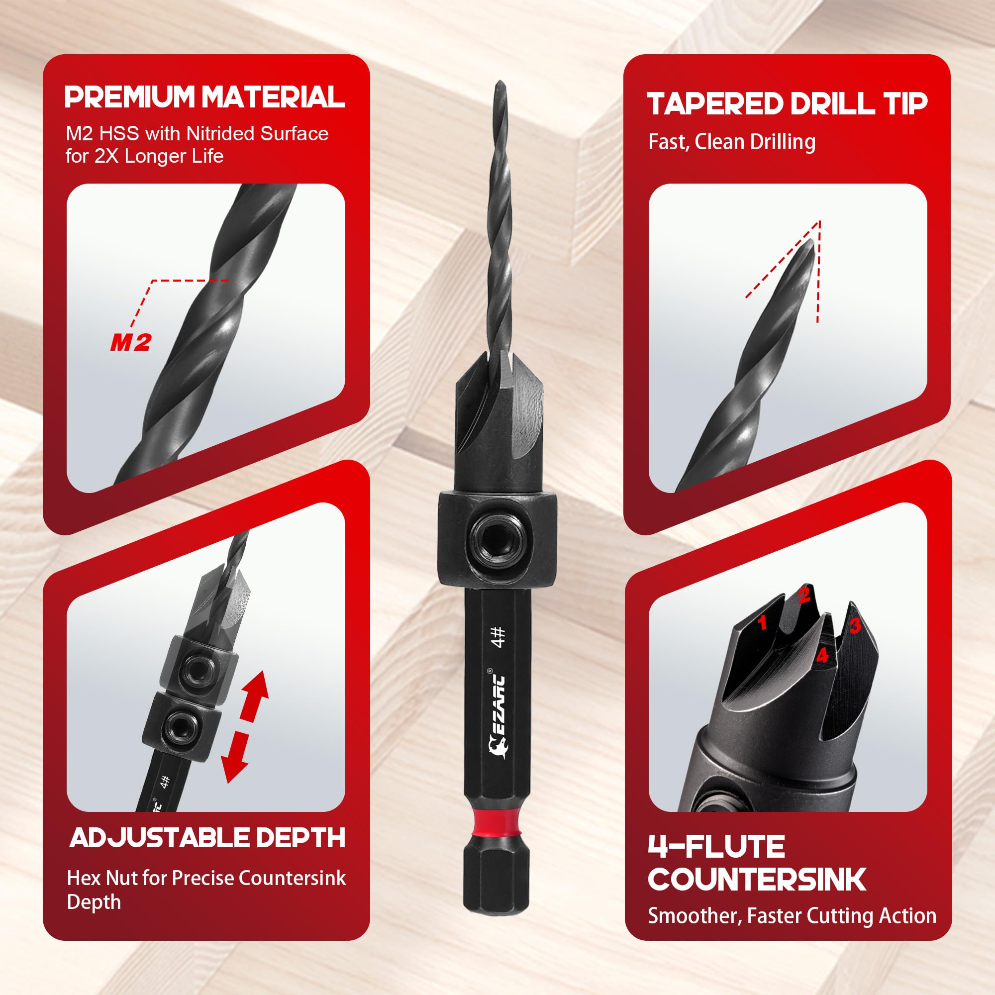 EZARC Countersink Drill Bit Set, 22PCS Counter Sink Drill Bit for Wood with Self Centering Drill Bits, Wood Plug Cutters,Screwdriver Bits, Magnetic Extension Bit Holder, 1/4" Hex Shank & Storage Box