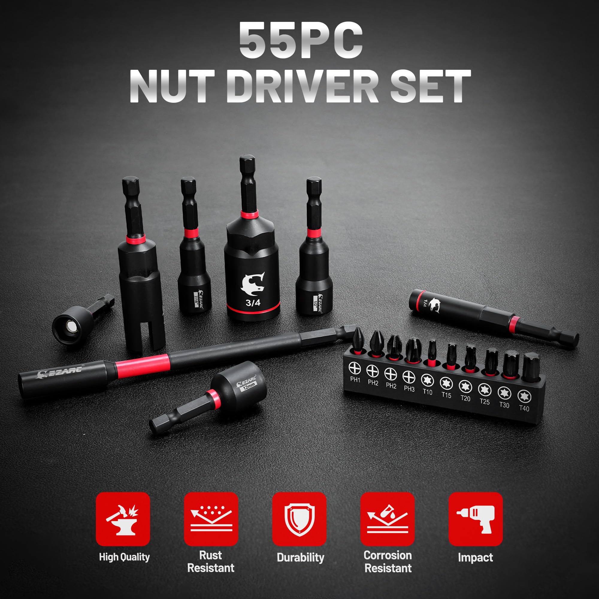 55PCS Magnetic Impact Nut Driver Set with Socket Adapters, Wing Nut Setter, S2 Bits & Extension – Fits Impact Drills/Wrenches