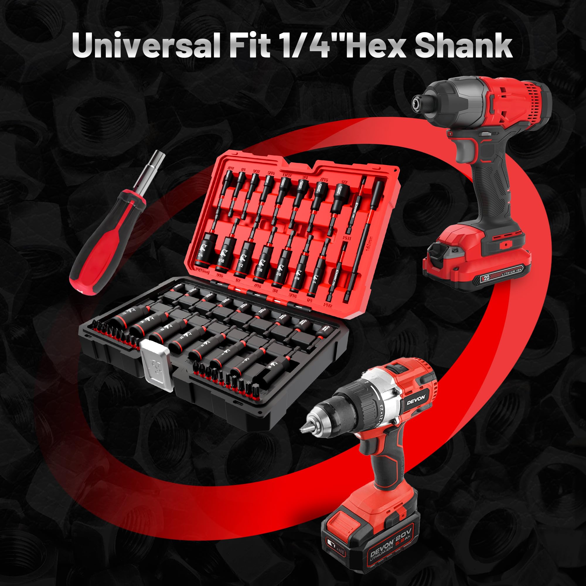 55PCS Magnetic Impact Nut Driver Set with Socket Adapters, Wing Nut Setter, S2 Bits & Extension – Fits Impact Drills/Wrenches