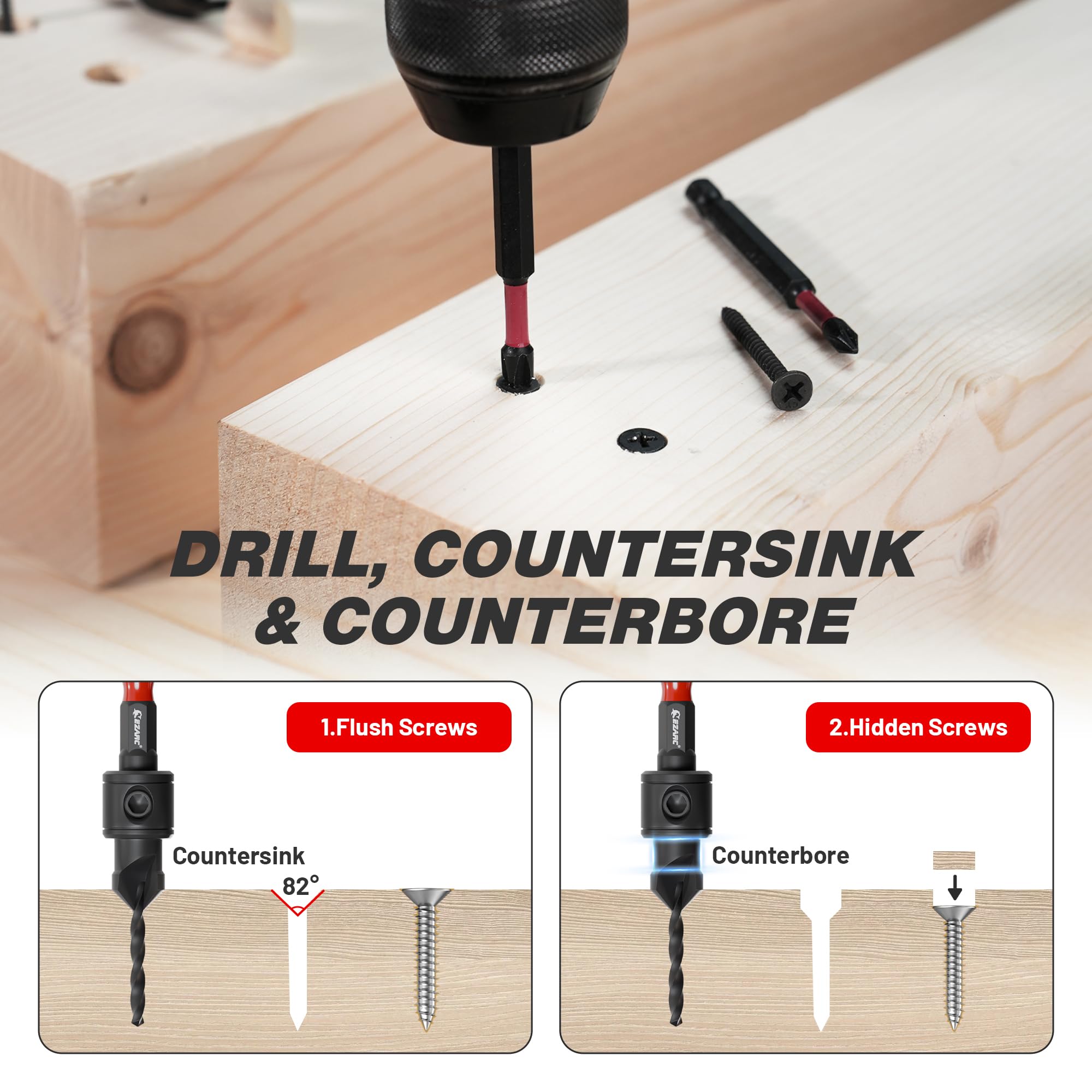 22 PCS Countersink Drill Bit Set with Plug Cutters, Screwdriver Bits & Magnetic Bit Holder, 1/4" Hex Shank for Woodworking