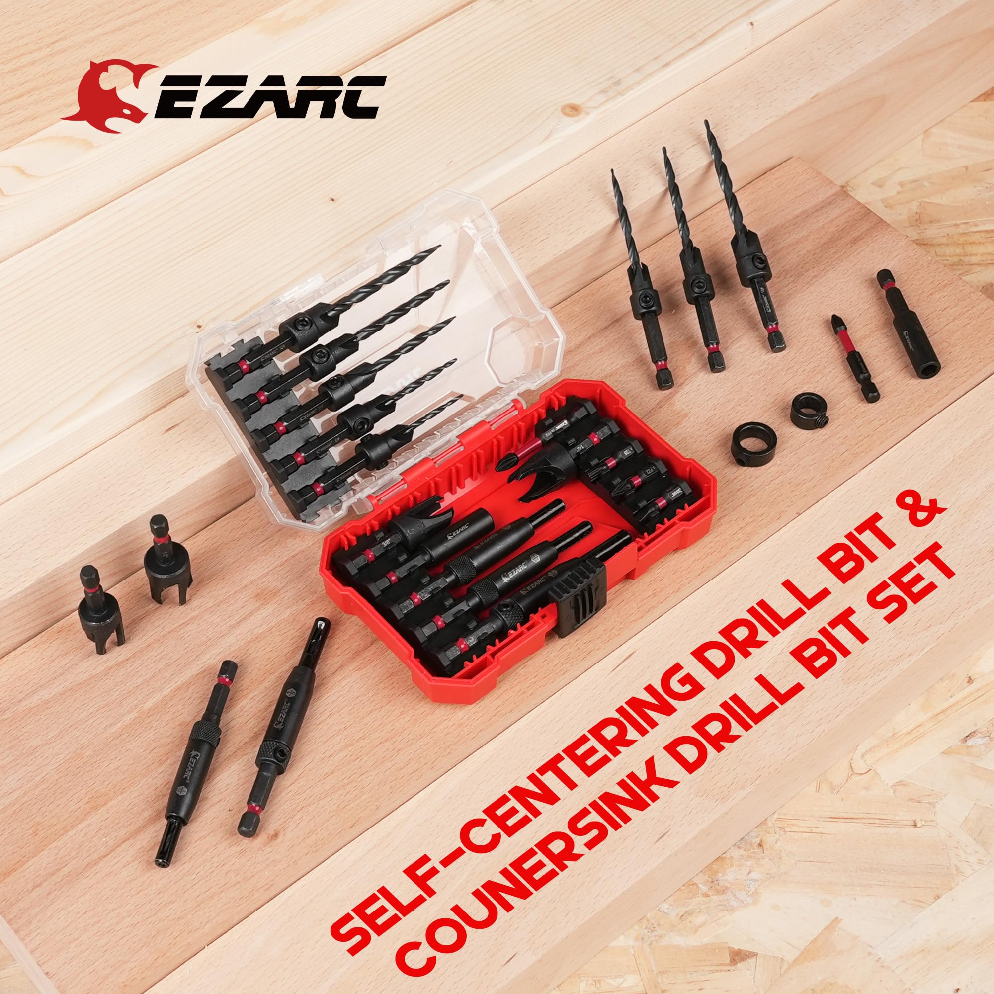 EZARC Countersink Drill Bit Set, 22PCS Counter Sink Drill Bit for Wood with Self Centering Drill Bits, Wood Plug Cutters,Screwdriver Bits, Magnetic Extension Bit Holder, 1/4" Hex Shank & Storage Box