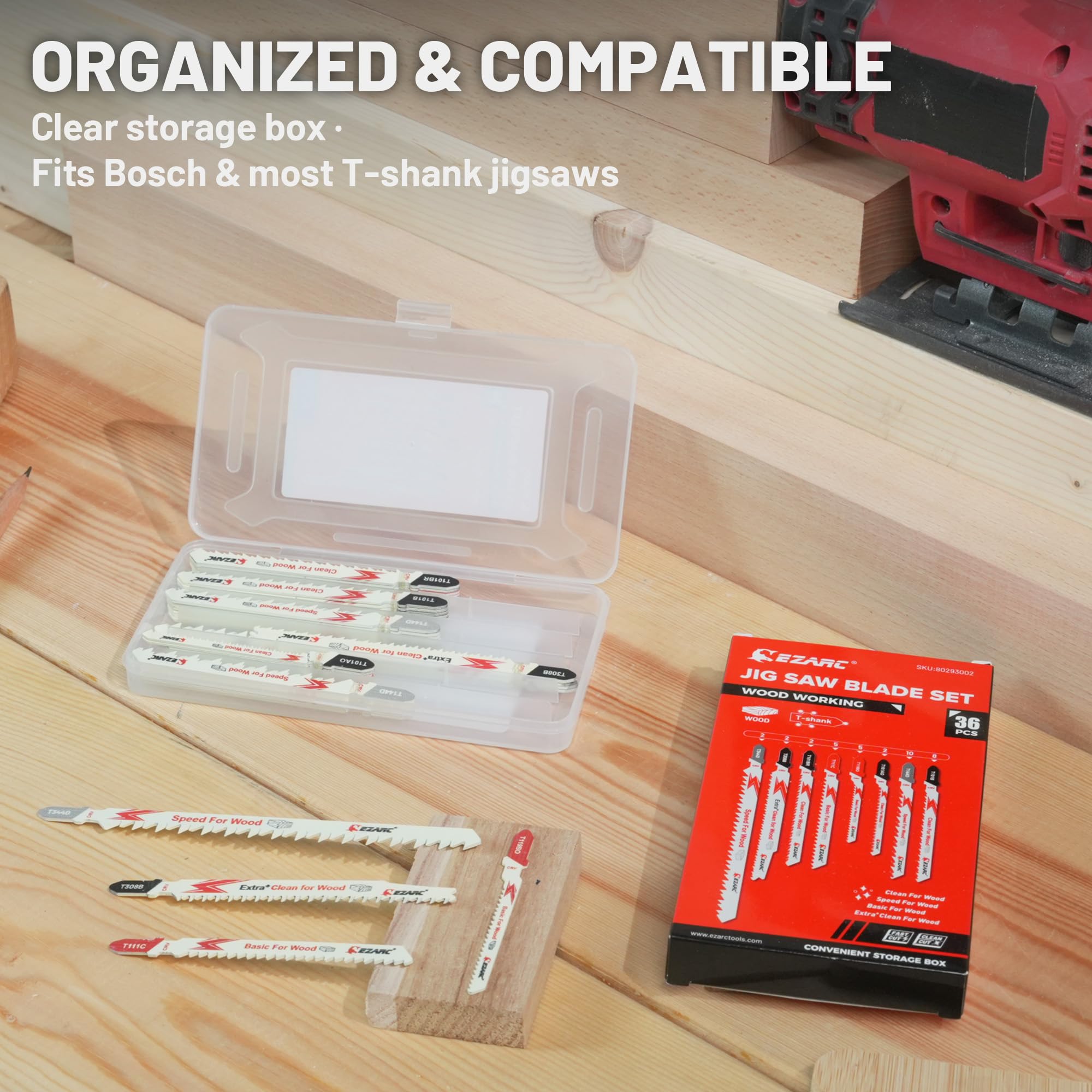 Wood Cutting – Clean/Fast/Curve Cuts, 36-Piece T-Shank Jigsaw Blade Set with Storage Case