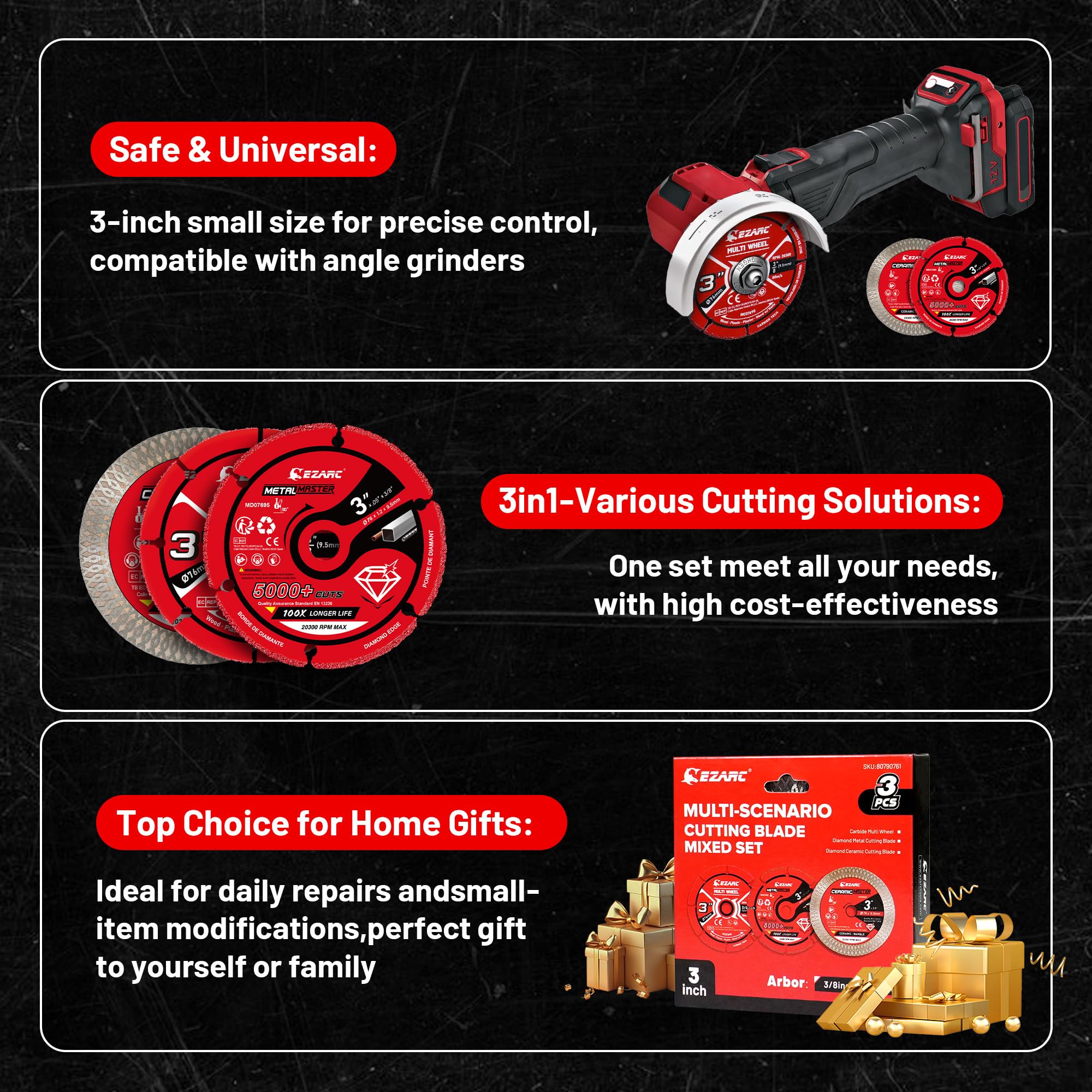 3 Inch Cut Off Wheel Set for Angle Grinder, 3 Pack with Diamond Metal Cutting Wheel, Carbide Cutting Disc, Super Thin Diamond Tile Blade, Cut for Metal, Wood, Plastic, Marble Tile, 3/8" Arbor