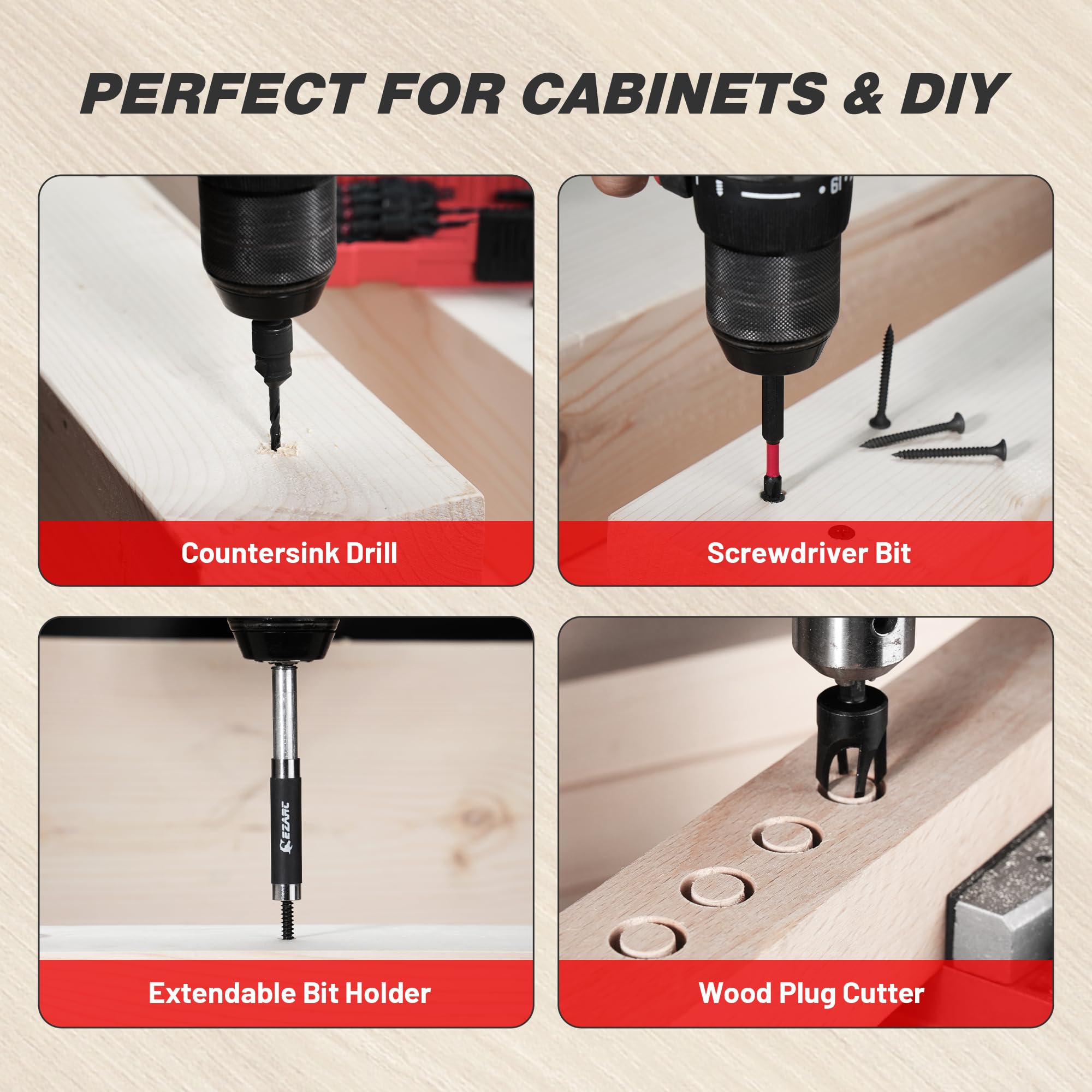 22 PCS Countersink Drill Bit Set with Plug Cutters, Screwdriver Bits & Magnetic Bit Holder, 1/4" Hex Shank for Woodworking