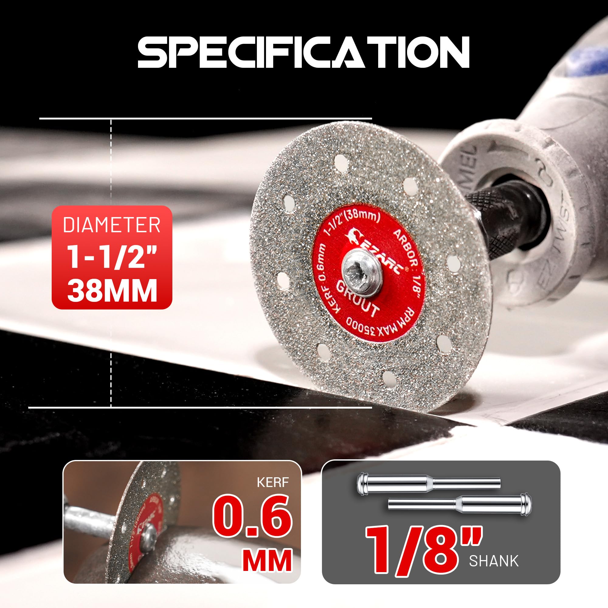1-1/2 Inch Diamond Cutoff Wheel, 0.6mm Ultra-Thin Kerf, Tile & Glass Cutting Disc for Rotary Tools
