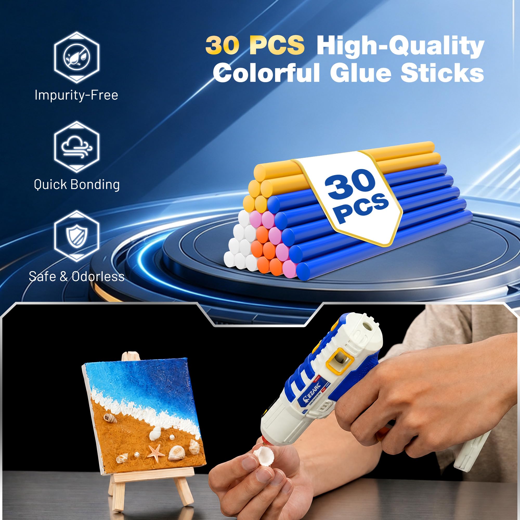 Cordless Hot Glue Gun,15s Fast Heating, 30 Mini Glue Sticks