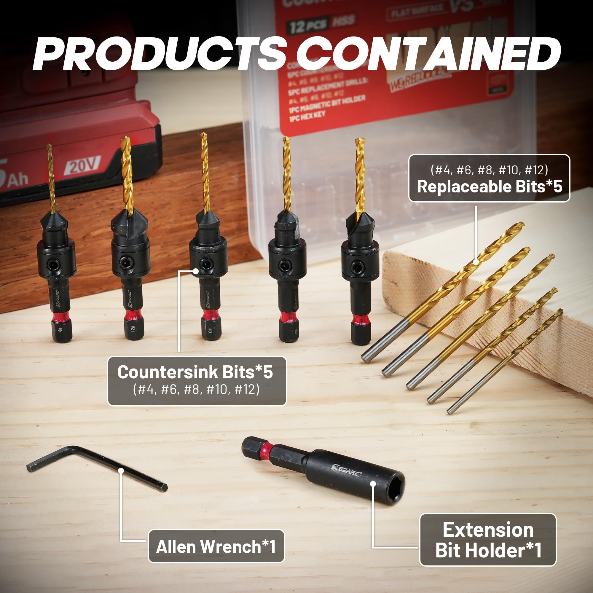 12PCS Two-Flute Titanium-coated Countersink Drill Bit Set with Storage Box - EZARC Tools