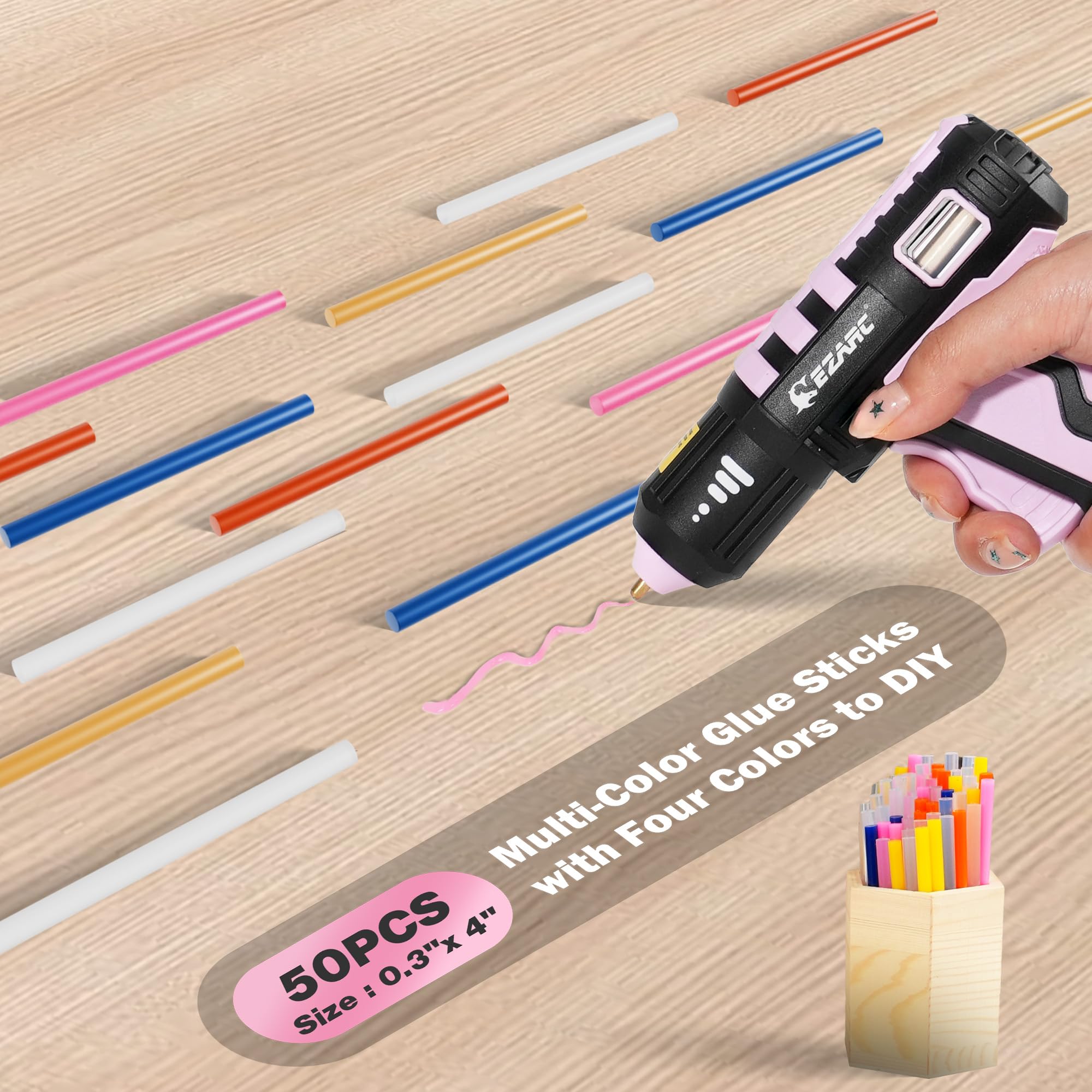 EZARC Pink Cordless Hot Glue Gun, 15s Fast Heating 12V Mini Glue Gun for DIY Crafts, Home Repairs with 50 Mini Glue Sticks