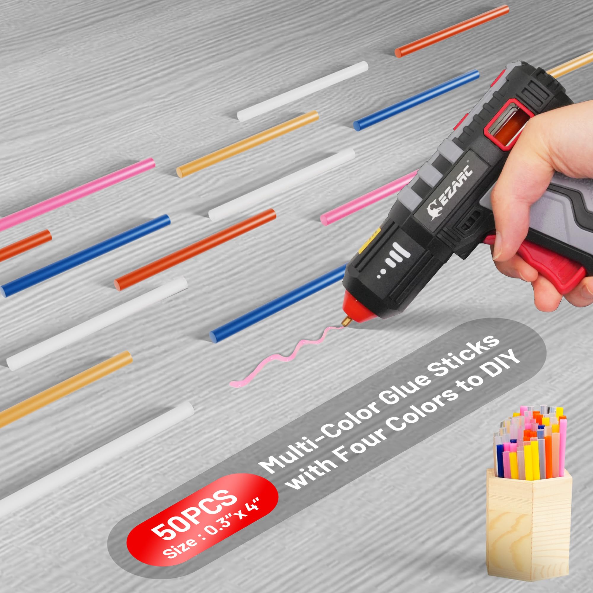 EZARC 12V Cordless Hot Glue Gun, 15s Fast Heat Mini Glue Gun with 50 Glue Sticks (Clear & Colored) for DIY, Repairs & Crafts