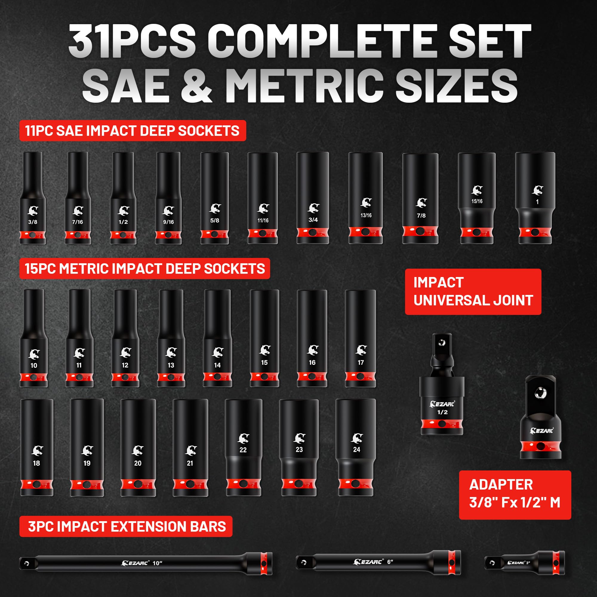 EZARC 1/2" Drive Impact Socket Set, 31-Piece SAE (3/8–1 in) and Metric (10–24 mm) Deep Sockets, CR-V Material, 3/6/10 in Extensions, Universal Joint & Adapter, Storage Case