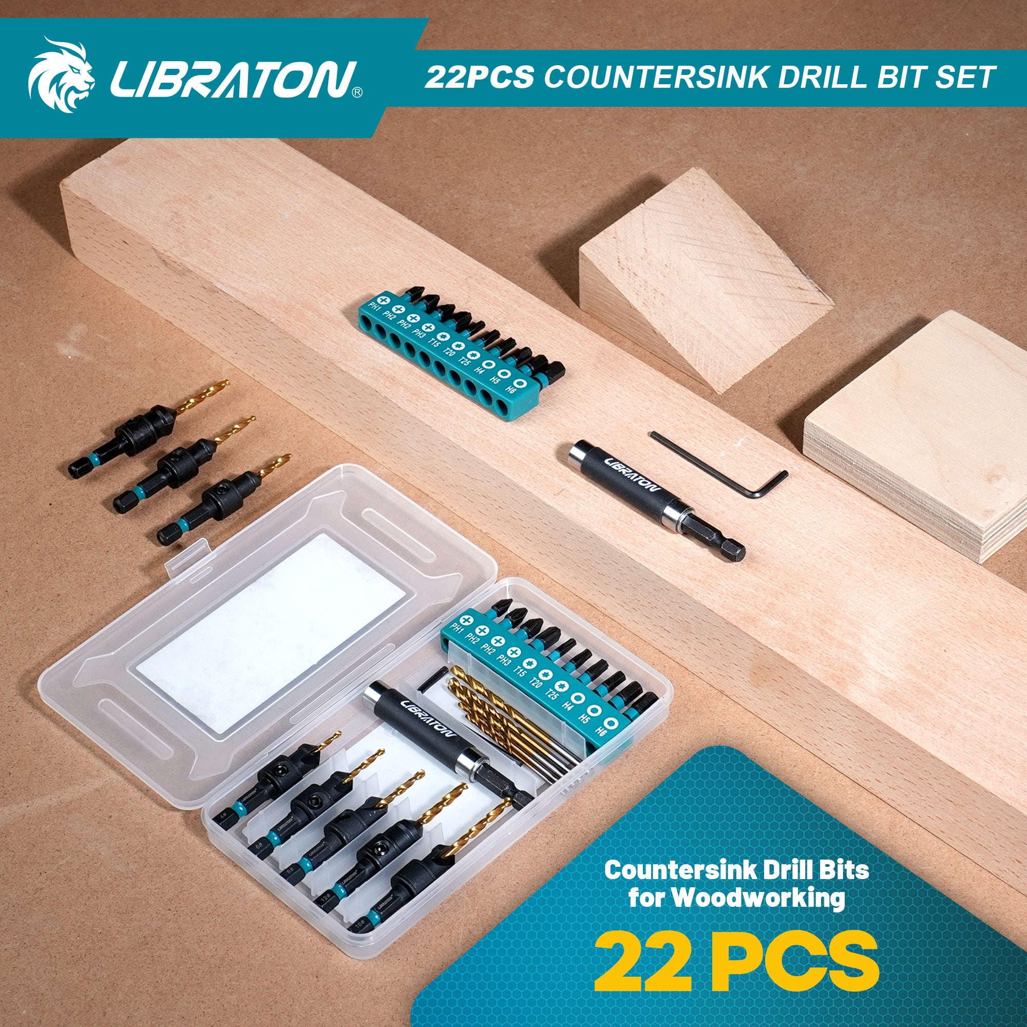 Libraton - Juego de 22 brocas avellanadoras ajustables, #4, #6, #8, #10, #12