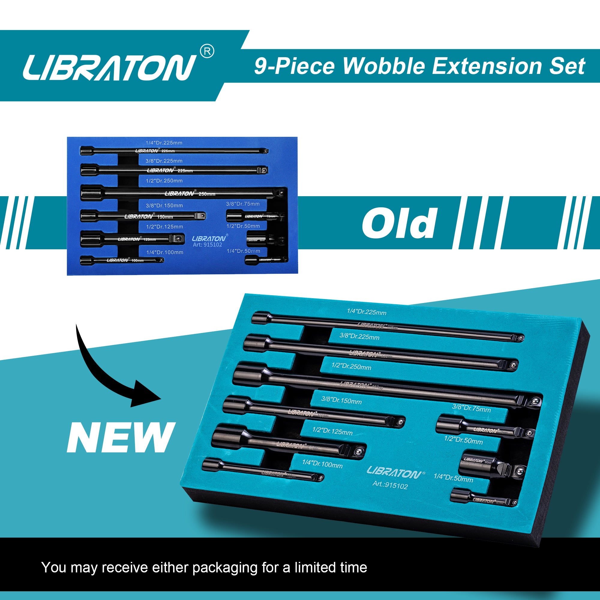 Libraton 9PCS Wobble Extension Set, 1/4" 3/8" 1/2" Drive Socket Extensions