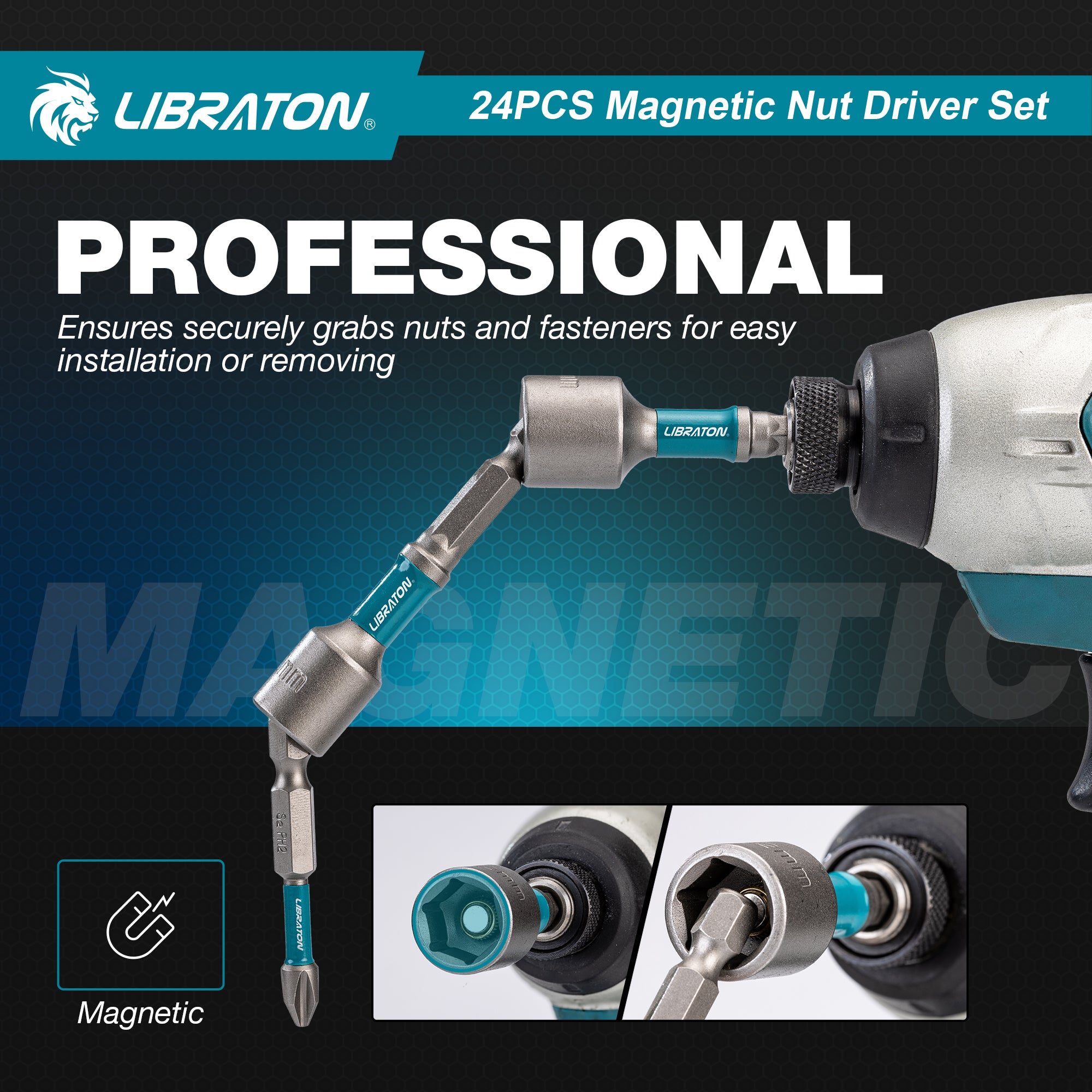 LIBRATON 24-PC Magnetic Nut Driver Set – SAE & Metric, 1/4" Hex, Impact-Rated