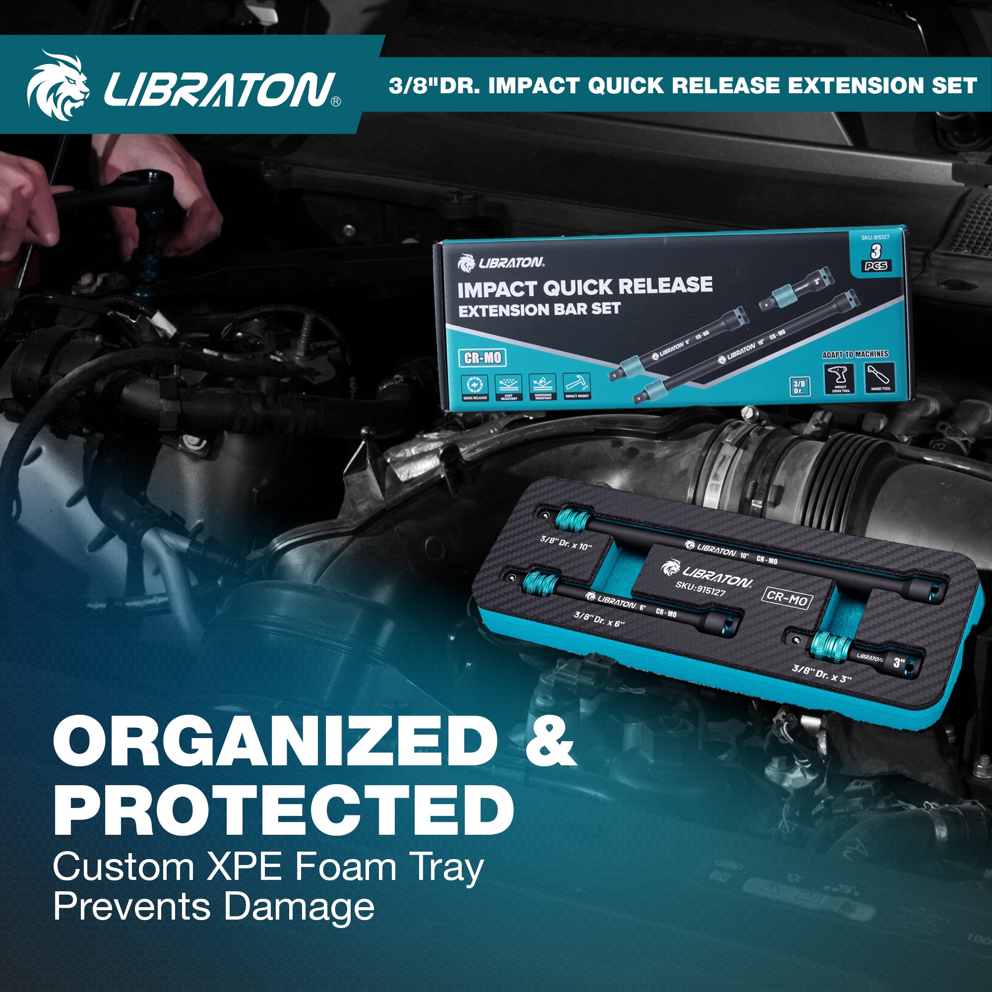 LIBRATON 3/8" Drive Locking Impact Extension Bar Set | 3-Piece Quick Release Socket Extensions