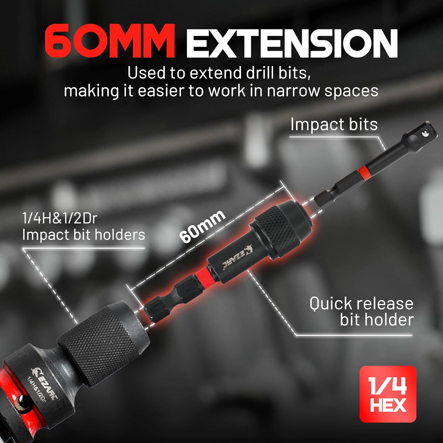 EZARC 4-Piece Impact Socket to 1/4″ Hex Adapter Set (1/2″, 3/8″, 1/4″)