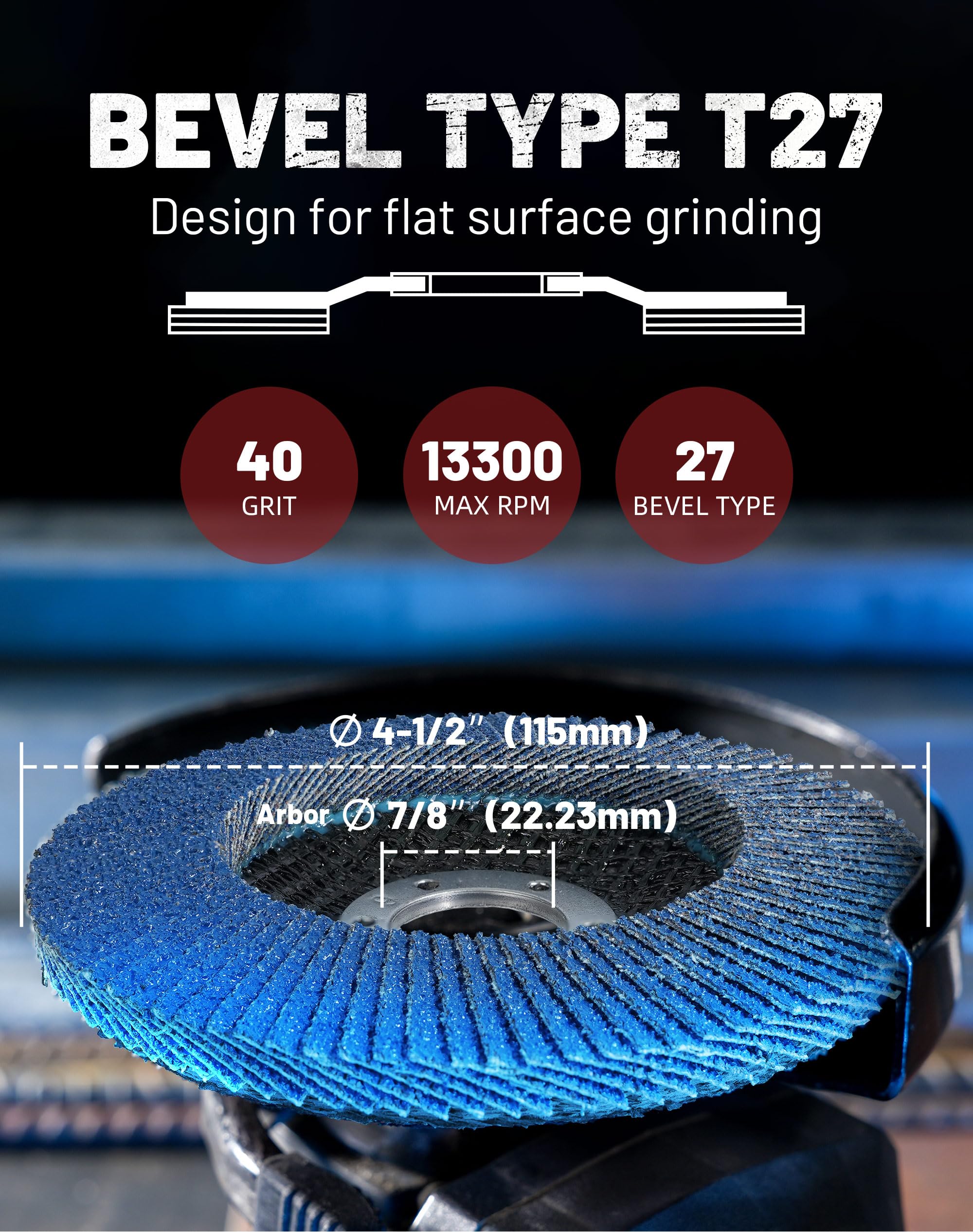 4-1/2 In. T27 High Density Flap Discs for Angle Grinder, Zirconia Sanding, Grinding & Rust Removal