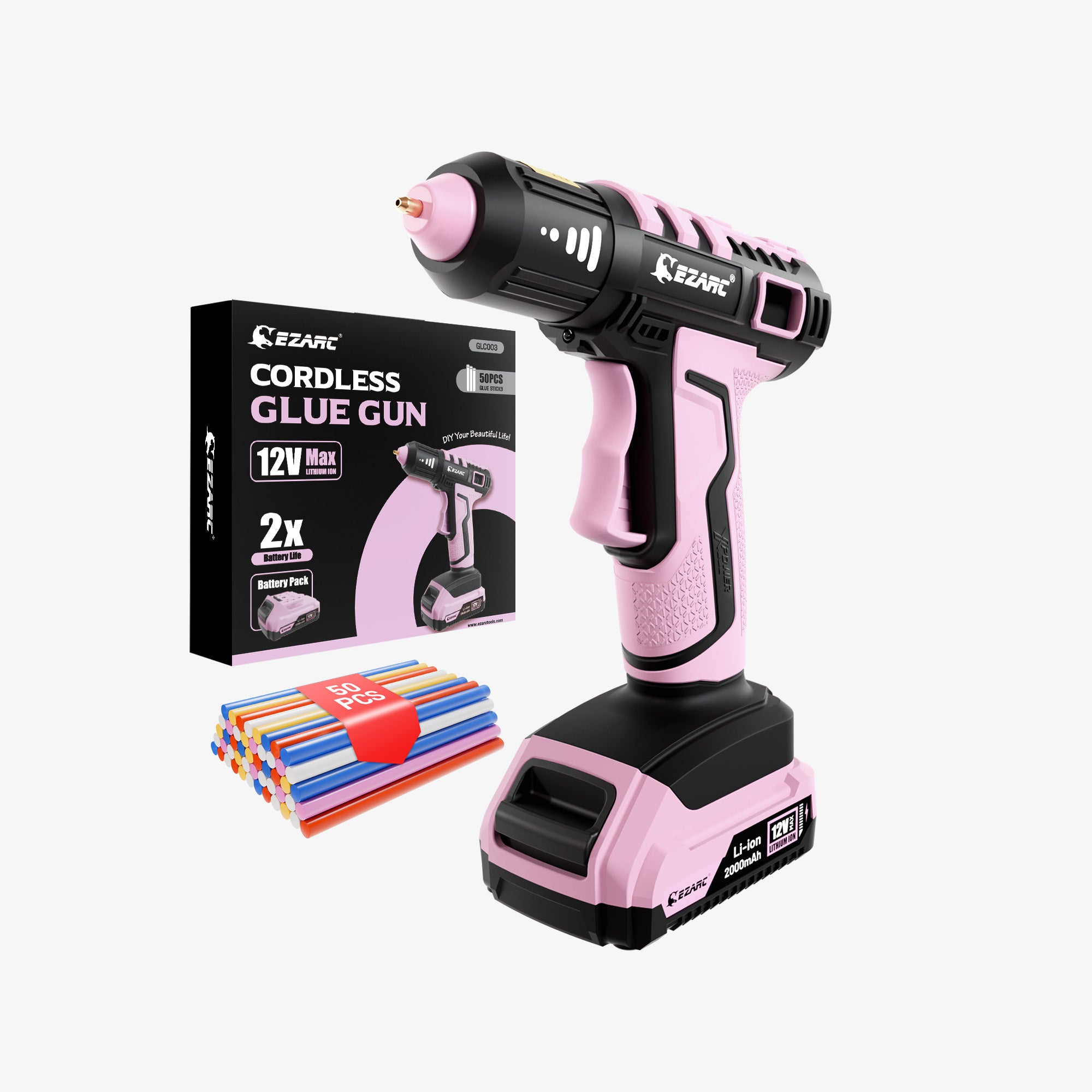 EZARC Pink Cordless Hot Glue Gun, 15s Fast Heating 12V Mini Glue Gun for DIY Crafts, Home Repairs with 50 Mini Glue Sticks