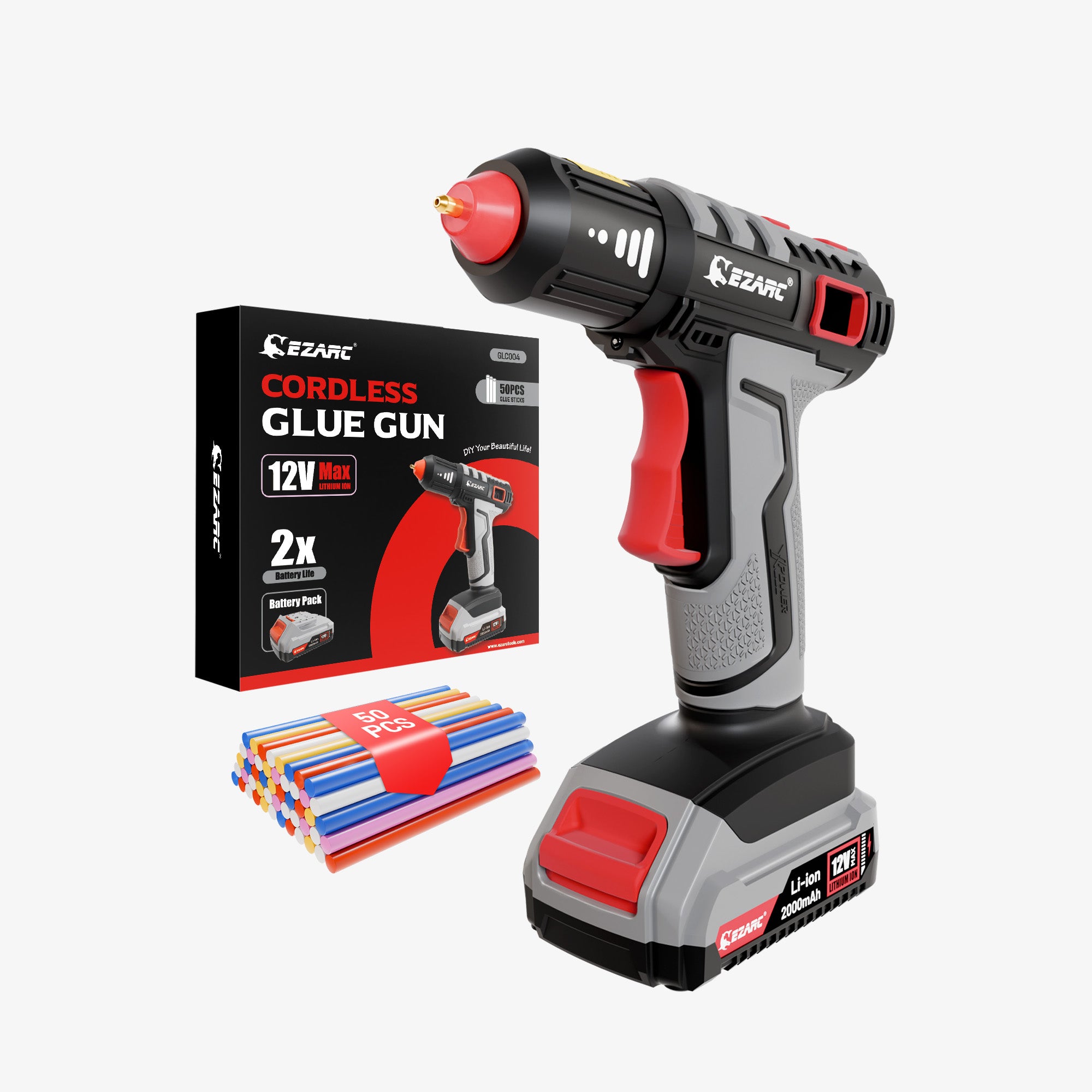 EZARC 12V Cordless Hot Glue Gun, 15s Fast Heat Mini Glue Gun with 50 Glue Sticks (Clear & Colored) for DIY, Repairs & Crafts