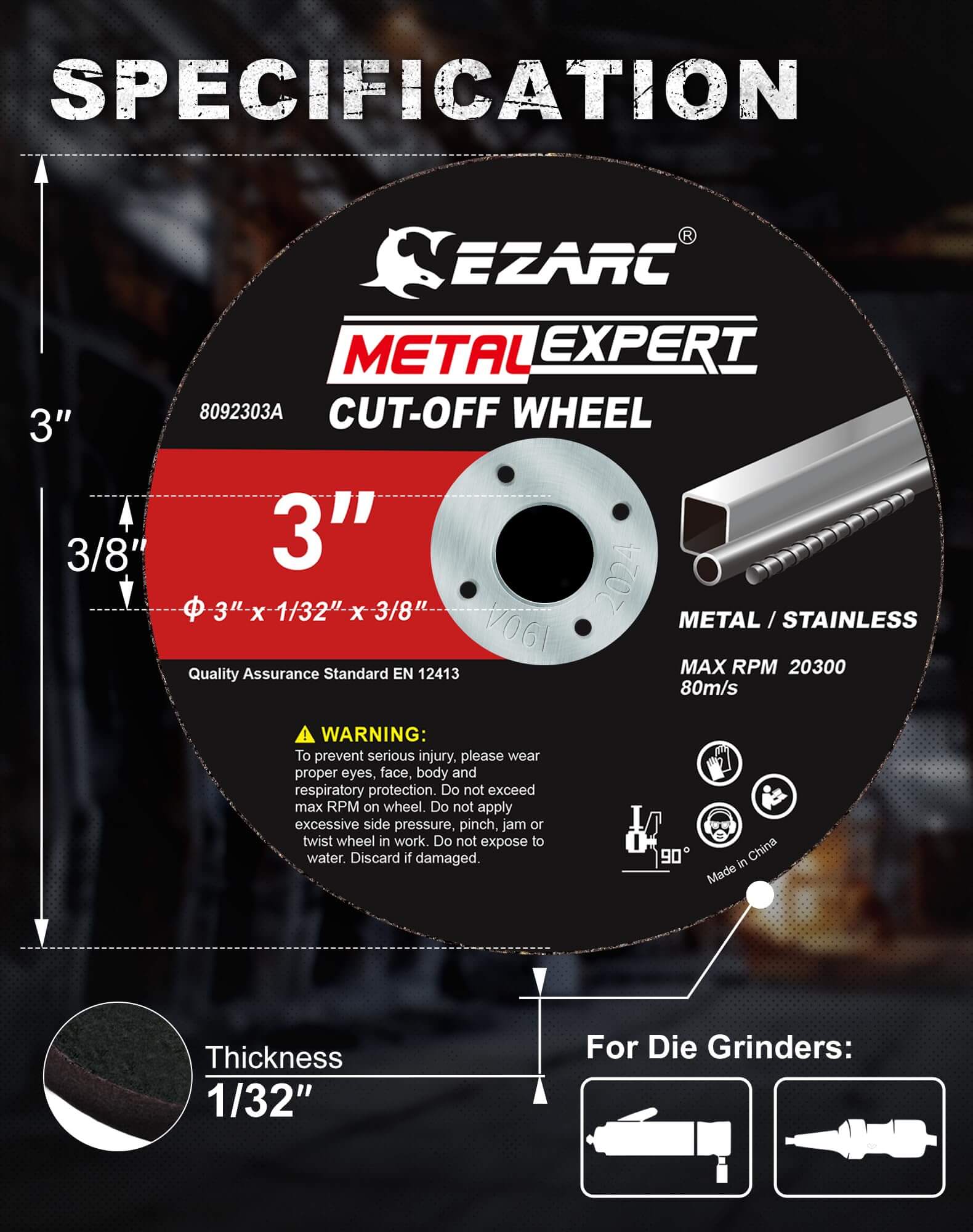 3 in. 1/32” Metal Cut Off Disc For Metal and Stainless Steel,3/8 in. Arbor