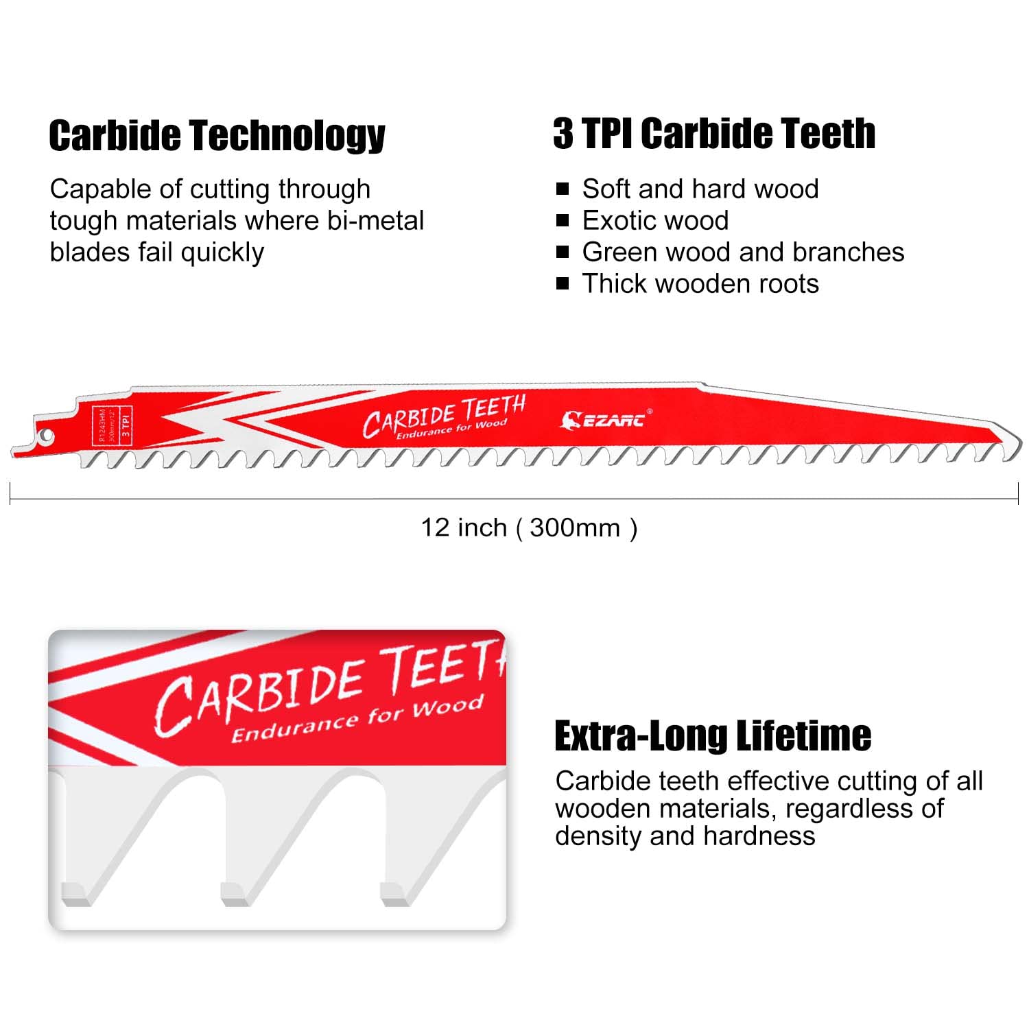 3tpi,9/12 in. Carbide Reciprocating Saw Blade For Hard Wood