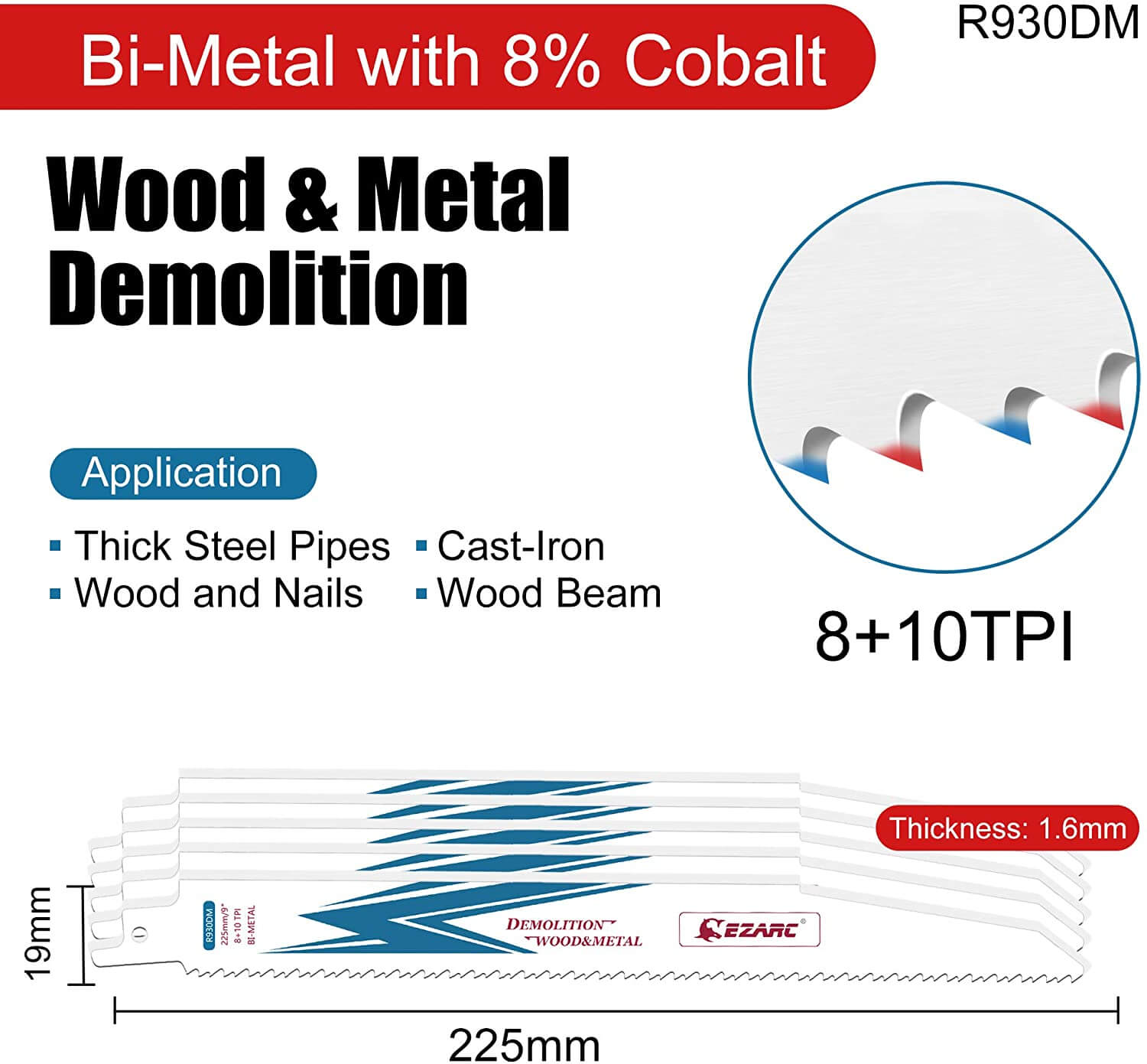 8+10tpi,6/9/12 in. Bi-Metal Reciprocating Saw Blade For Wood/Metal Demolition